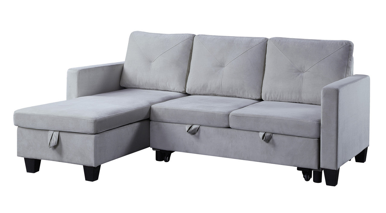 Novella 82.5"W Light Gray Velvet Reversible Sleeper Sectional Sofa with Storage Chaise