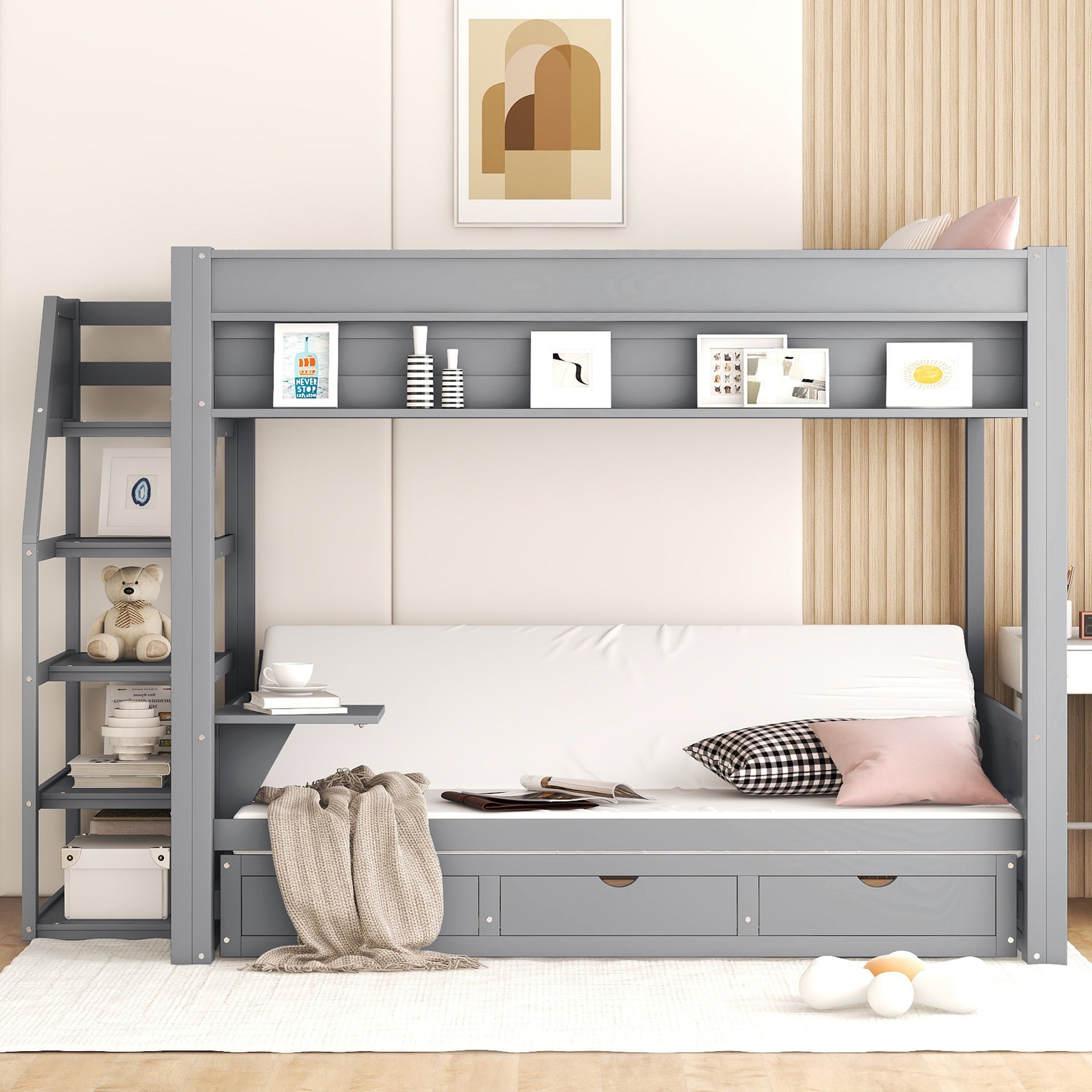 Wood Full Size Convertible Bunk Bed with Storage Staircase, Bedside Table, and 3 Drawers, Gray
