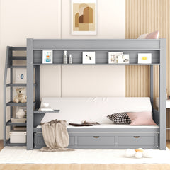 Wood Full Size Convertible Bunk Bed with Storage Staircase, Bedside Table, and 3 Drawers, Gray