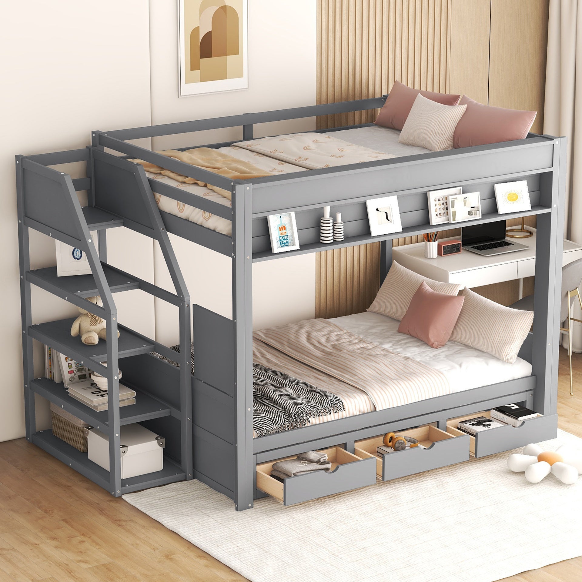 Wood Full Size Convertible Bunk Bed with Storage Staircase, Bedside Table, and 3 Drawers, Gray