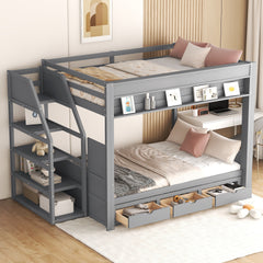 Wood Full Size Convertible Bunk Bed with Storage Staircase, Bedside Table, and 3 Drawers, Gray