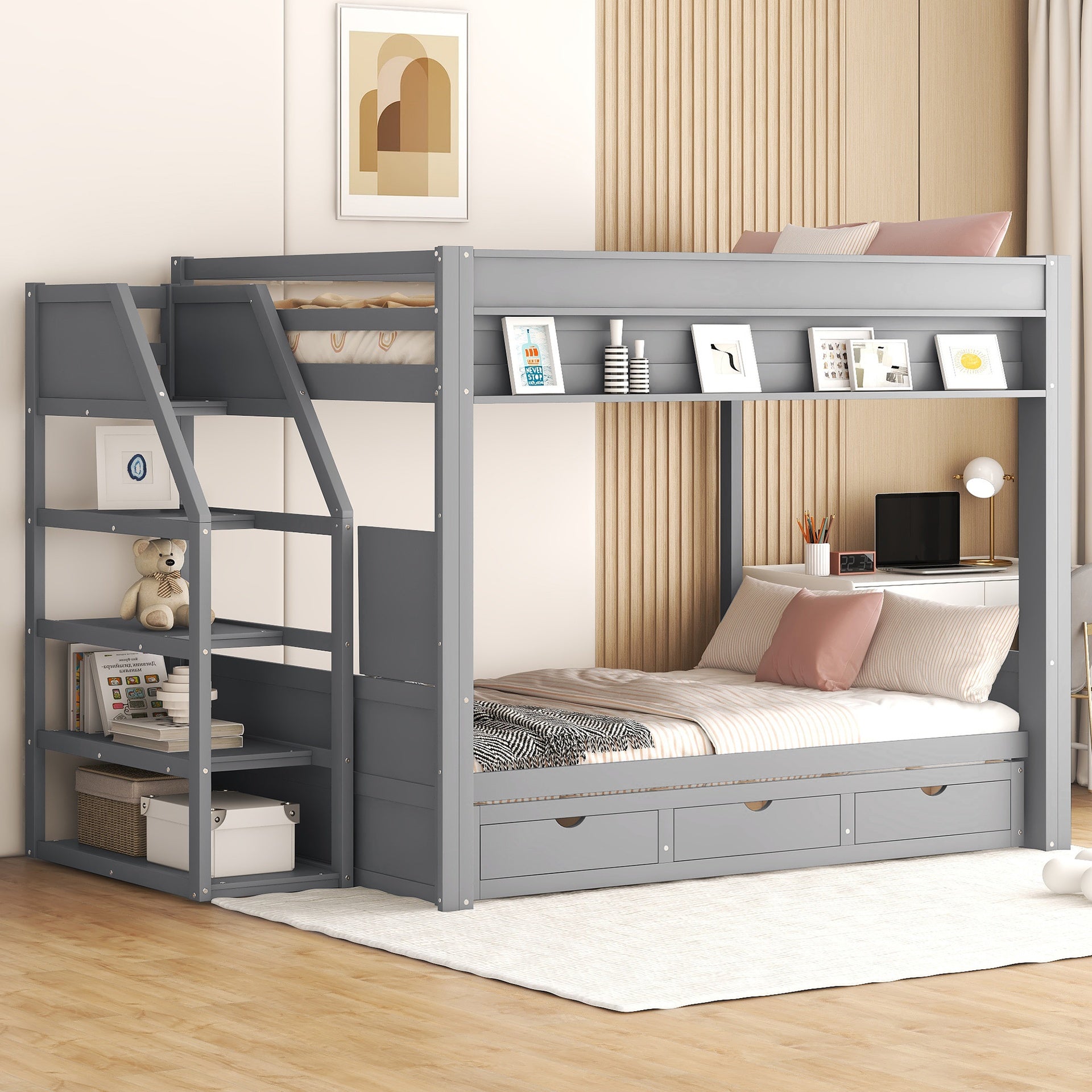 Wood Full Size Convertible Bunk Bed with Storage Staircase, Bedside Table, and 3 Drawers, Gray