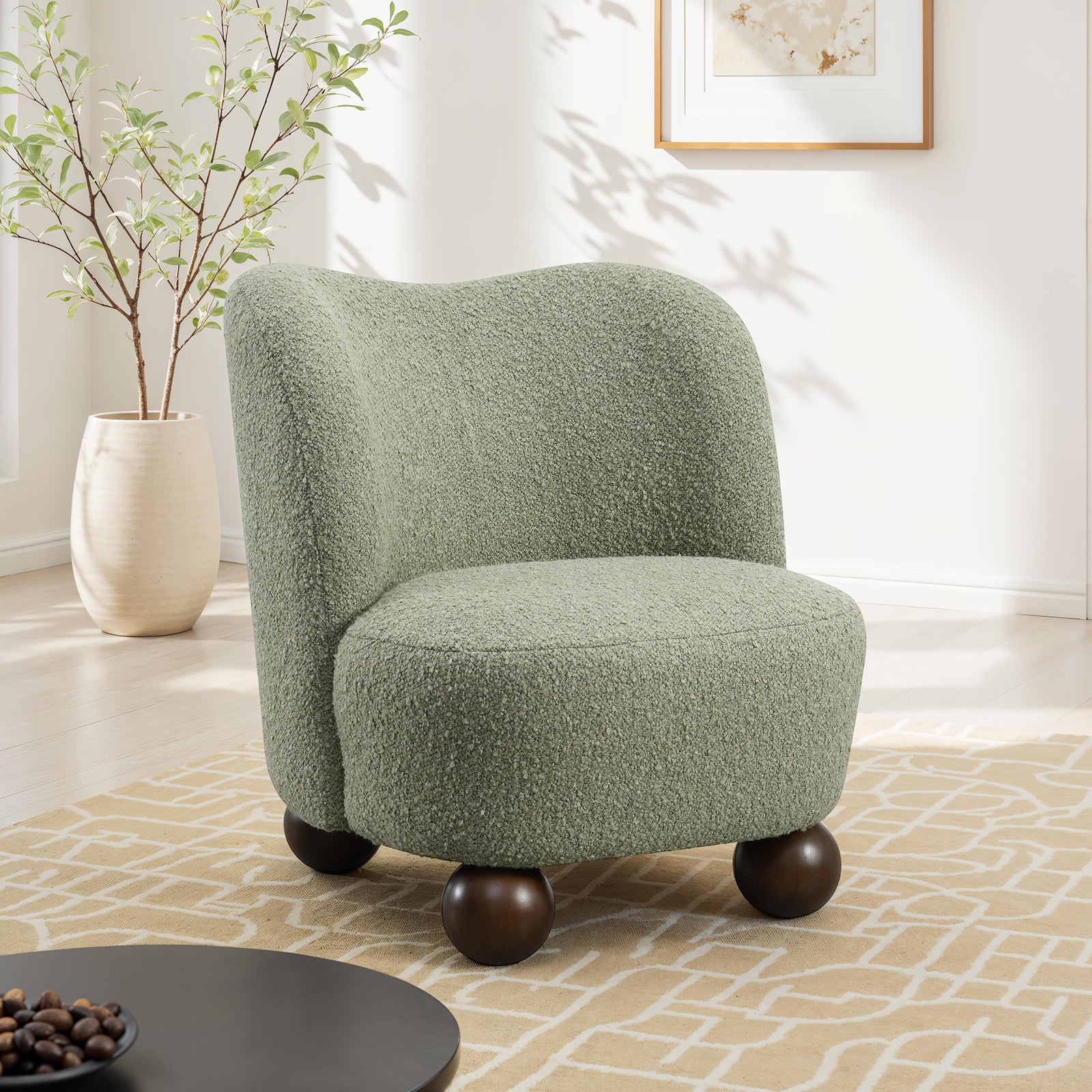 Contemporary Style 1pc Accent Chair Upholstered In Boucle Fabric Ball Feet Curve Back Green Finish Primary Living Room