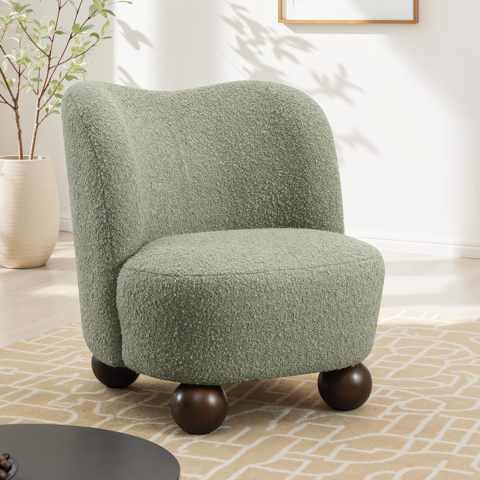 Contemporary Style 1pc Accent Chair Upholstered In Boucle Fabric Ball Feet Curve Back Green Finish Primary Living Room