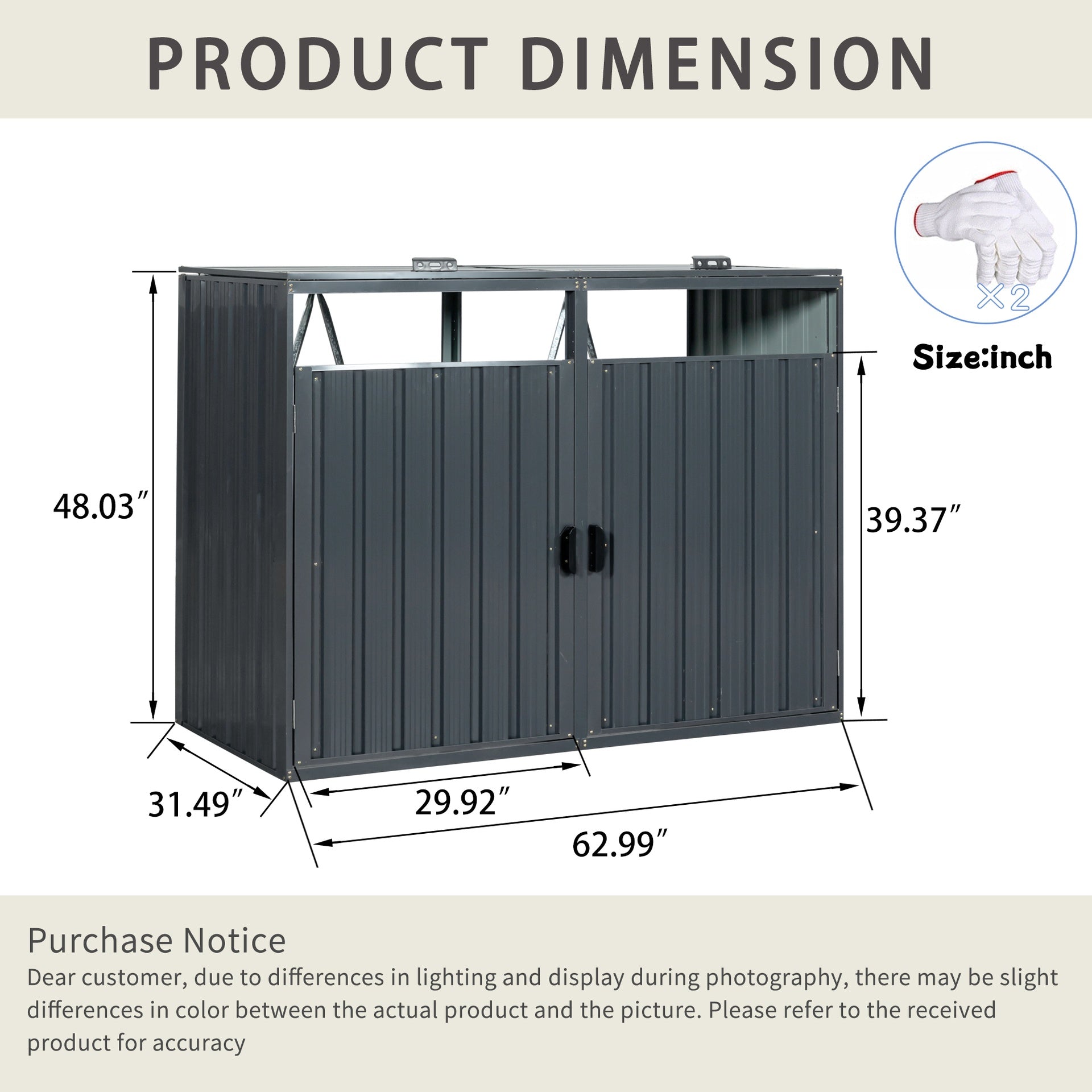 Garbage Bin Shed Stores 2 Trash Cans Metal Outdoor Bin Shed for Garbage Storage,Stainless Galvanized Steel, Bin Shed for Garden Yard Lawn