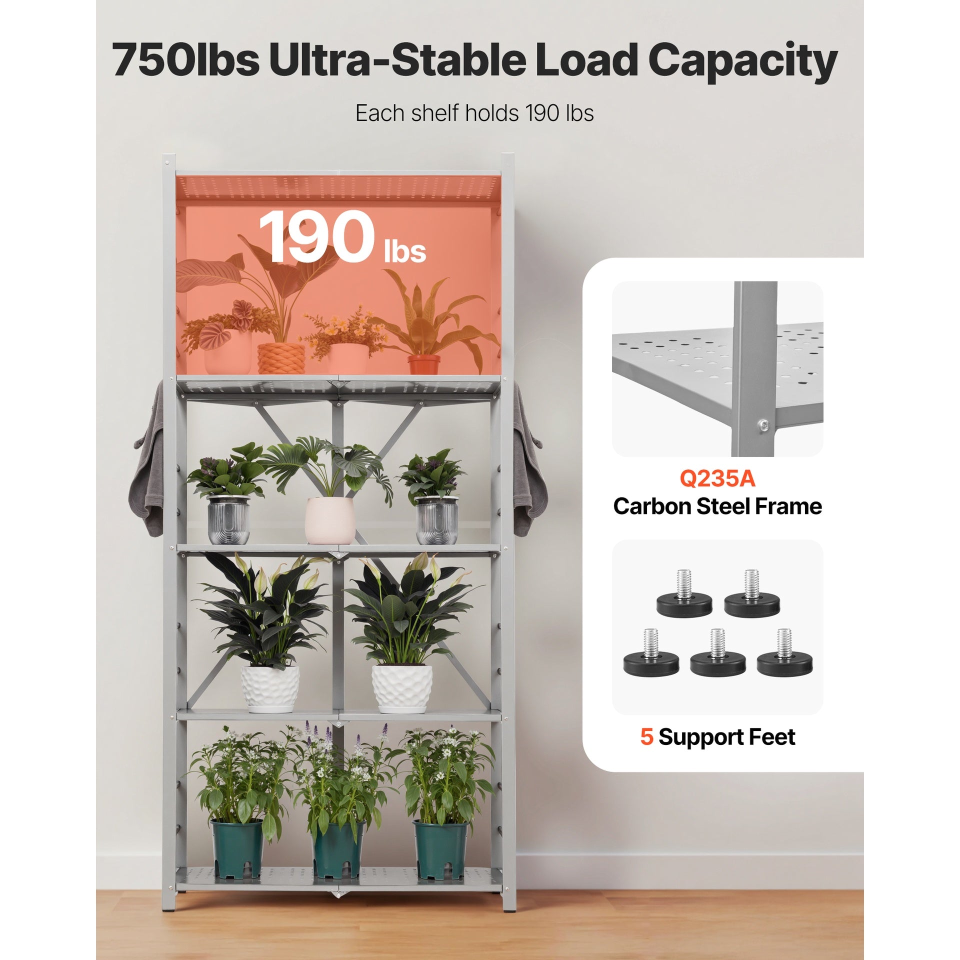 Folding Storage Shelf with Wheels 5-Tier No Assembly Organizer Shelf Grey