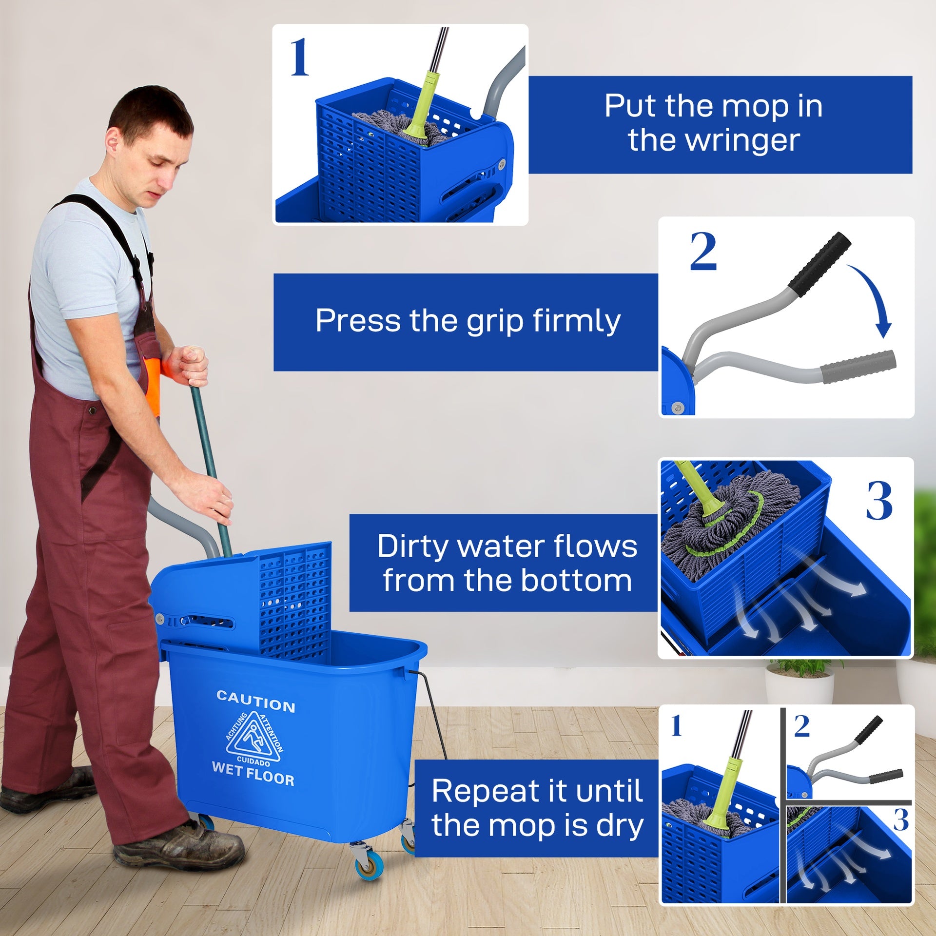 HOMCOM Mop Bucket with Wringer on Wheels for Floor Cleaning, 21 Quart, Separate Dirty and Clean Water, Blue
