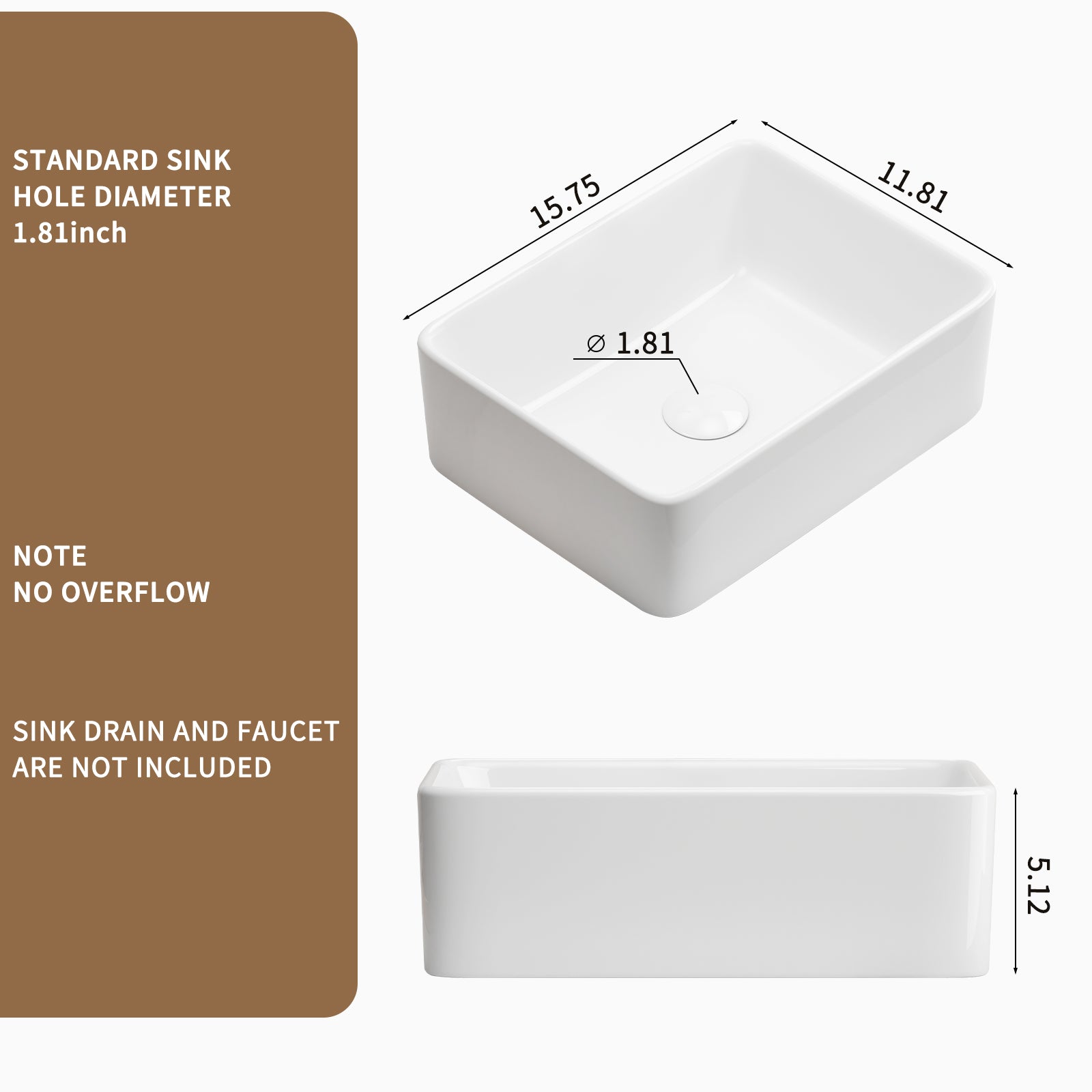 Rectangular Vessel Sink, 16"X12" Small Bowl Bathroom Vessel Sink, White Ceramic Lavatory Above Counter Art Basin Vanity Sink