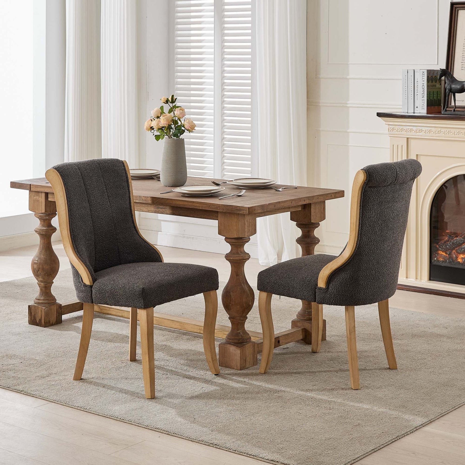 Snow Velvet Dining Chairs, Mid-Century Style with Curved Wood Trim & Sculpted Legs, Upholstered Comfort for Dining/Lounge, Accent Seating with Fluffy Fabric & Sturdy Wood, Set of 2, Gray