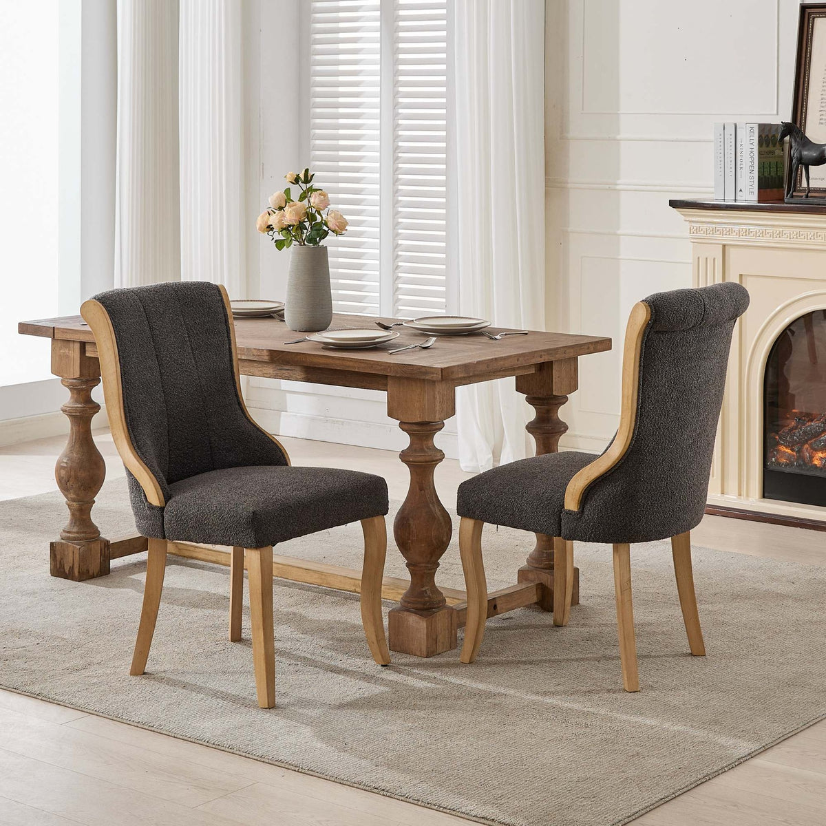 Snow Velvet Dining Chairs, Mid-Century Style with Curved Wood Trim & Sculpted Legs, Upholstered Comfort for Dining/Lounge, Accent Seating with Fluffy Fabric & Sturdy Wood, Set of 2, Gray