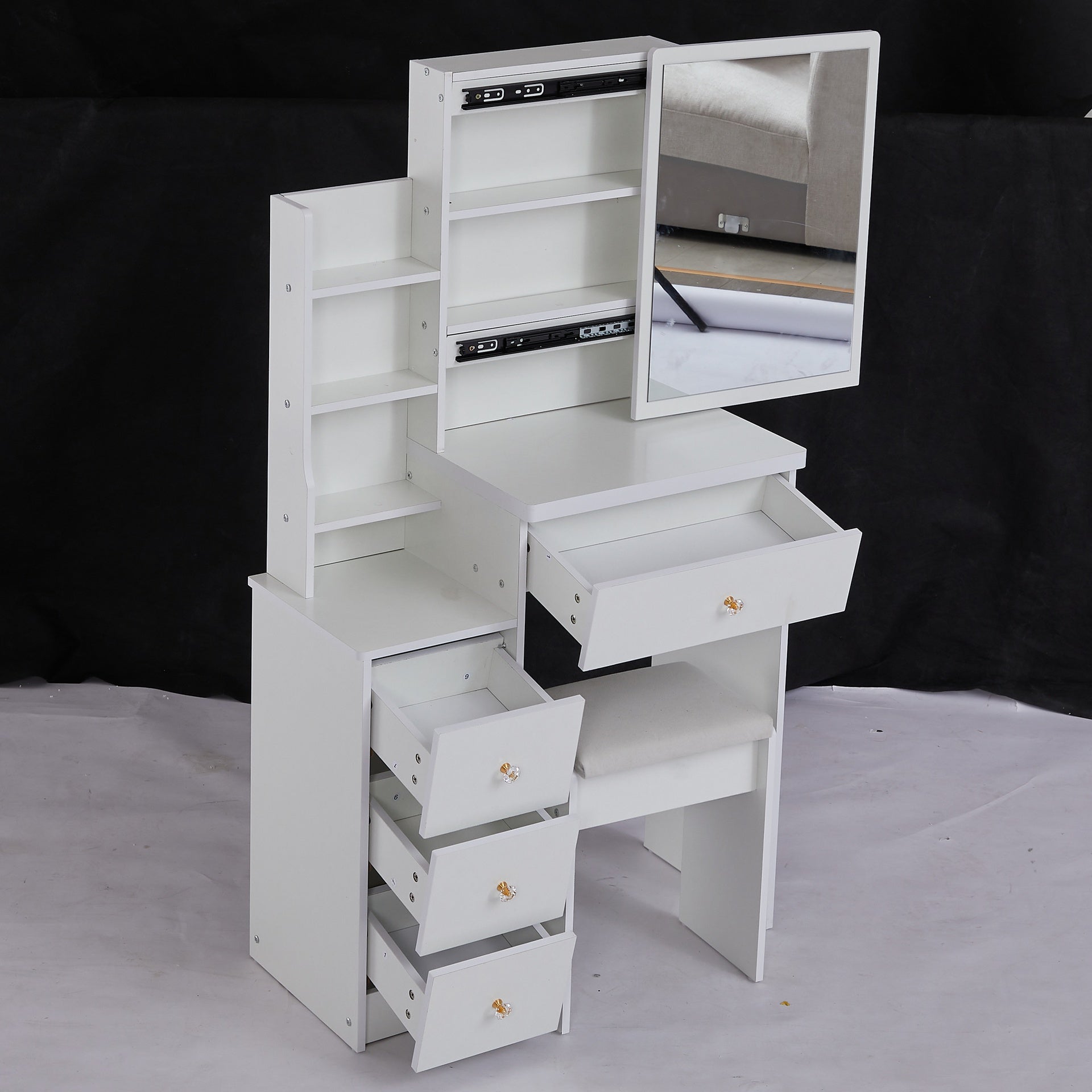 29.2 inch  Small Space Left Bedside Cabinet Vanity Table + Cushioned Stool, Extra Large Right sliding mirror, Multi Layer High Capacity Storage, Practical Fashionable Dresser, Suitable For Small Space