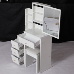 29.2 inch  Small Space Left Bedside Cabinet Vanity Table + Cushioned Stool, Extra Large Right sliding mirror, Multi Layer High Capacity Storage, Practical Fashionable Dresser, Suitable For Small Space
