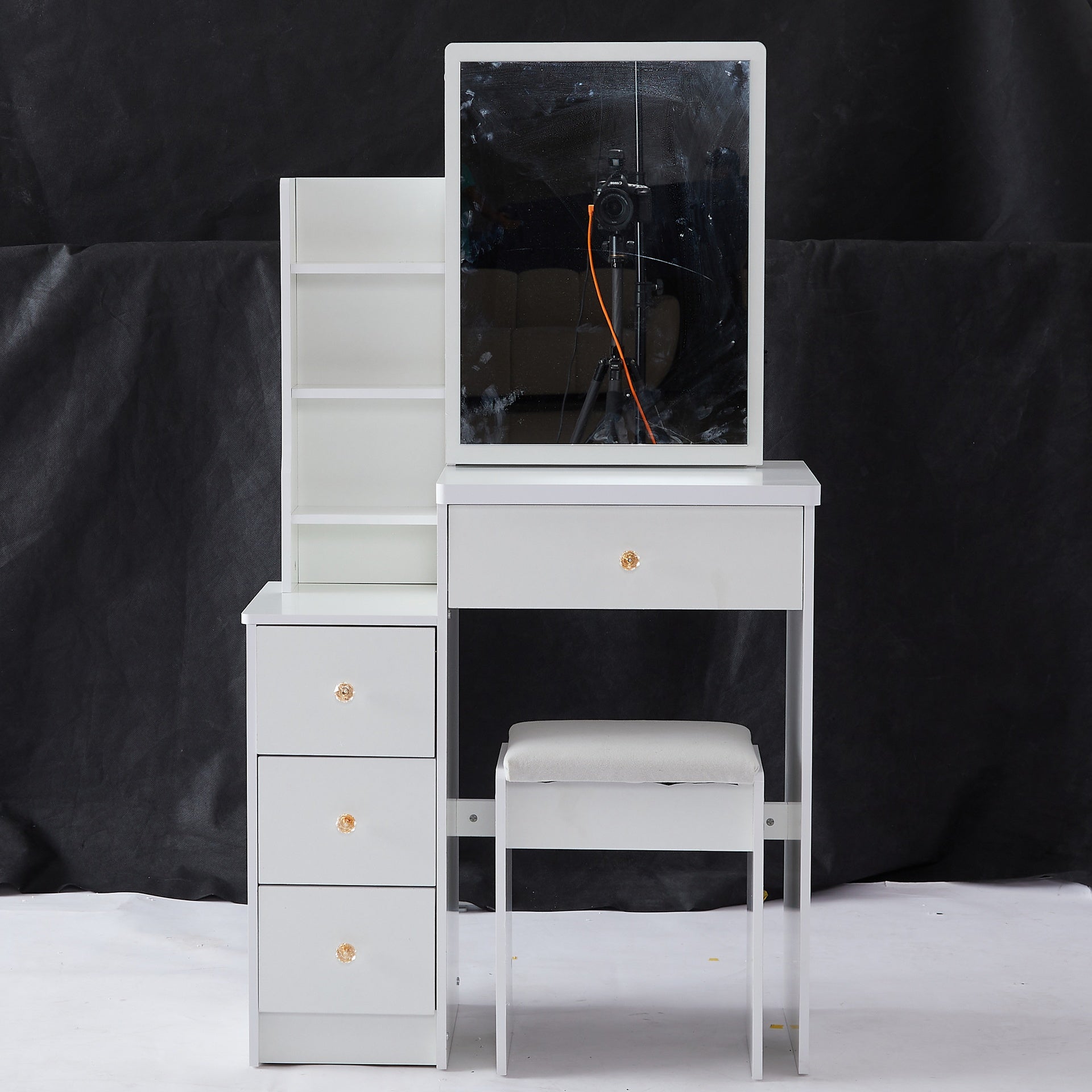 29.2 inch  Small Space Left Bedside Cabinet Vanity Table + Cushioned Stool, Extra Large Right sliding mirror, Multi Layer High Capacity Storage, Practical Fashionable Dresser, Suitable For Small Space