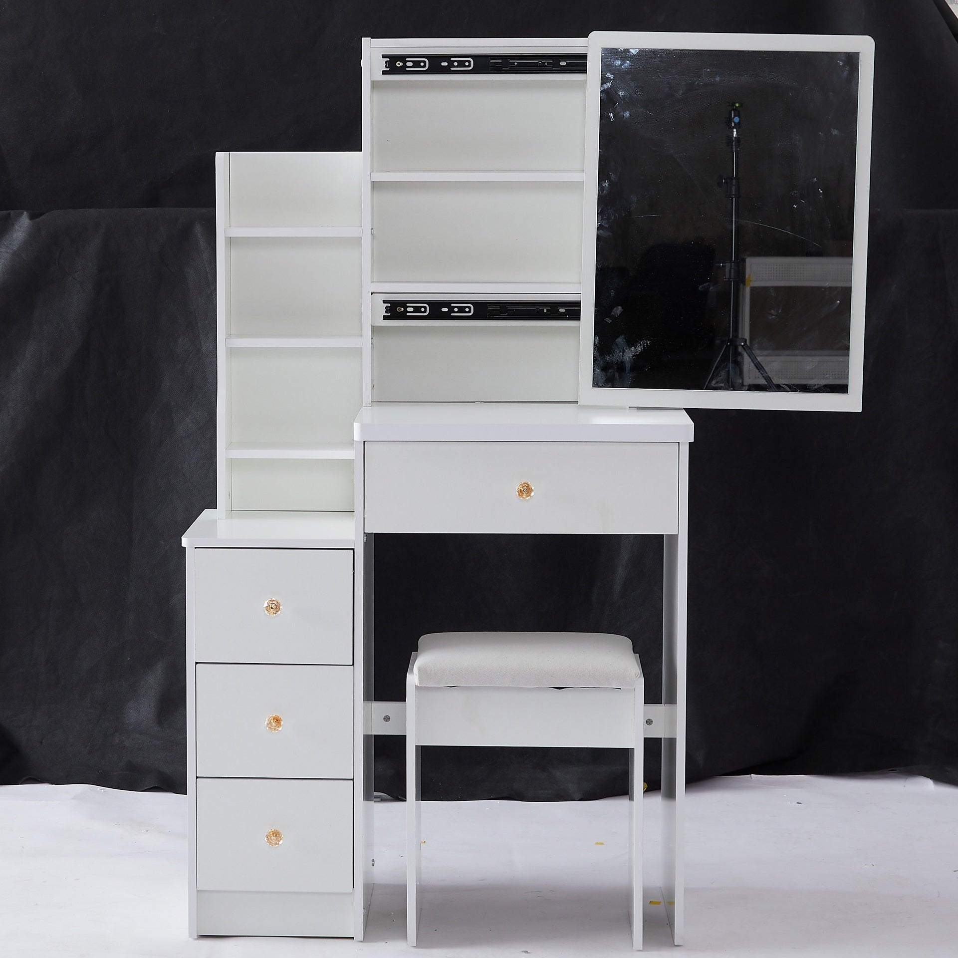 29.2 inch  Small Space Left Bedside Cabinet Vanity Table + Cushioned Stool, Extra Large Right sliding mirror, Multi Layer High Capacity Storage, Practical Fashionable Dresser, Suitable For Small Space