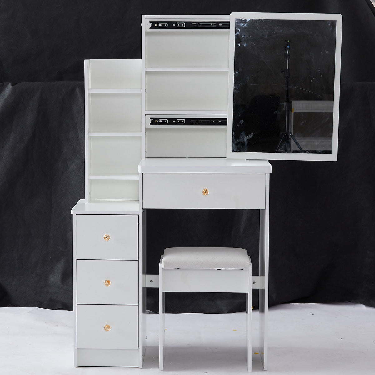29.2 inch  Small Space Left Bedside Cabinet Vanity Table + Cushioned Stool, Extra Large Right sliding mirror, Multi Layer High Capacity Storage, Practical Fashionable Dresser, Suitable For Small Space