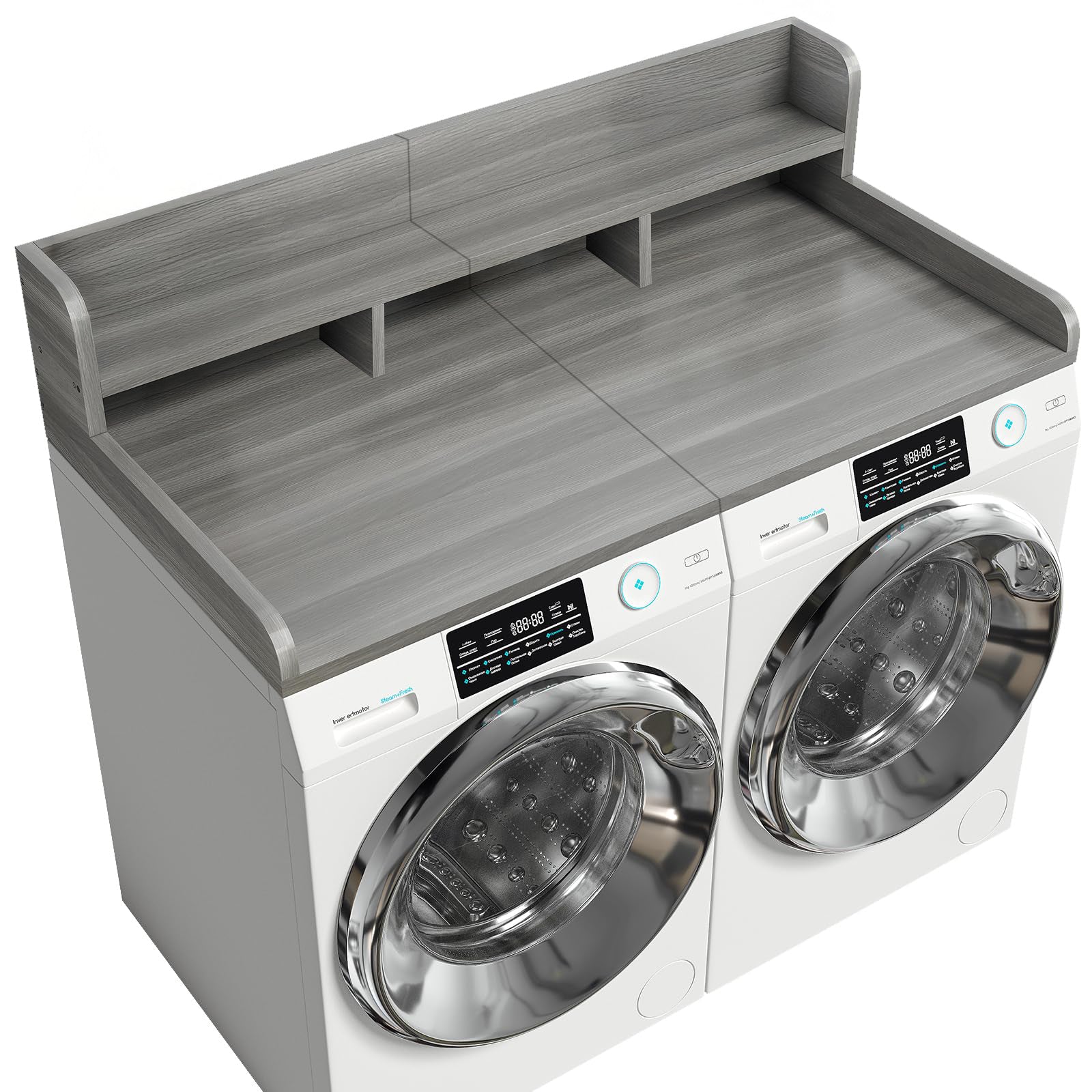 Washer Dryer Countertop with Non-slip Pads, Laundry Wood Shelf Topper with Edge, 54" Width x 27.5" Depth Double Layer Organizer for Washer and Dryer Laundry Hamper Counter Storage (Gray Stripe Color)