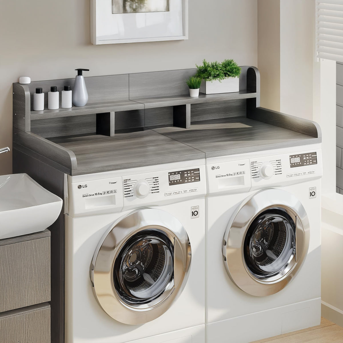 Washer Dryer Countertop with Non-slip Pads, Laundry Wood Shelf Topper with Edge, 54" Width x 27.5" Depth Double Layer Organizer for Washer and Dryer Laundry Hamper Counter Storage (Gray Stripe Color)