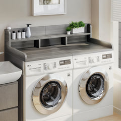 Washer Dryer Countertop with Non-slip Pads, Laundry Wood Shelf Topper with Edge, 54" Width x 27.5" Depth Double Layer Organizer for Washer and Dryer Laundry Hamper Counter Storage (Gray Stripe Color)