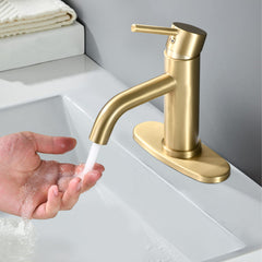 Universal 1 & 3-Hole Bathroom Faucet, ADA Compliant with 6.57" High Waterfall Spout in Brushed Gold Stainless Steel