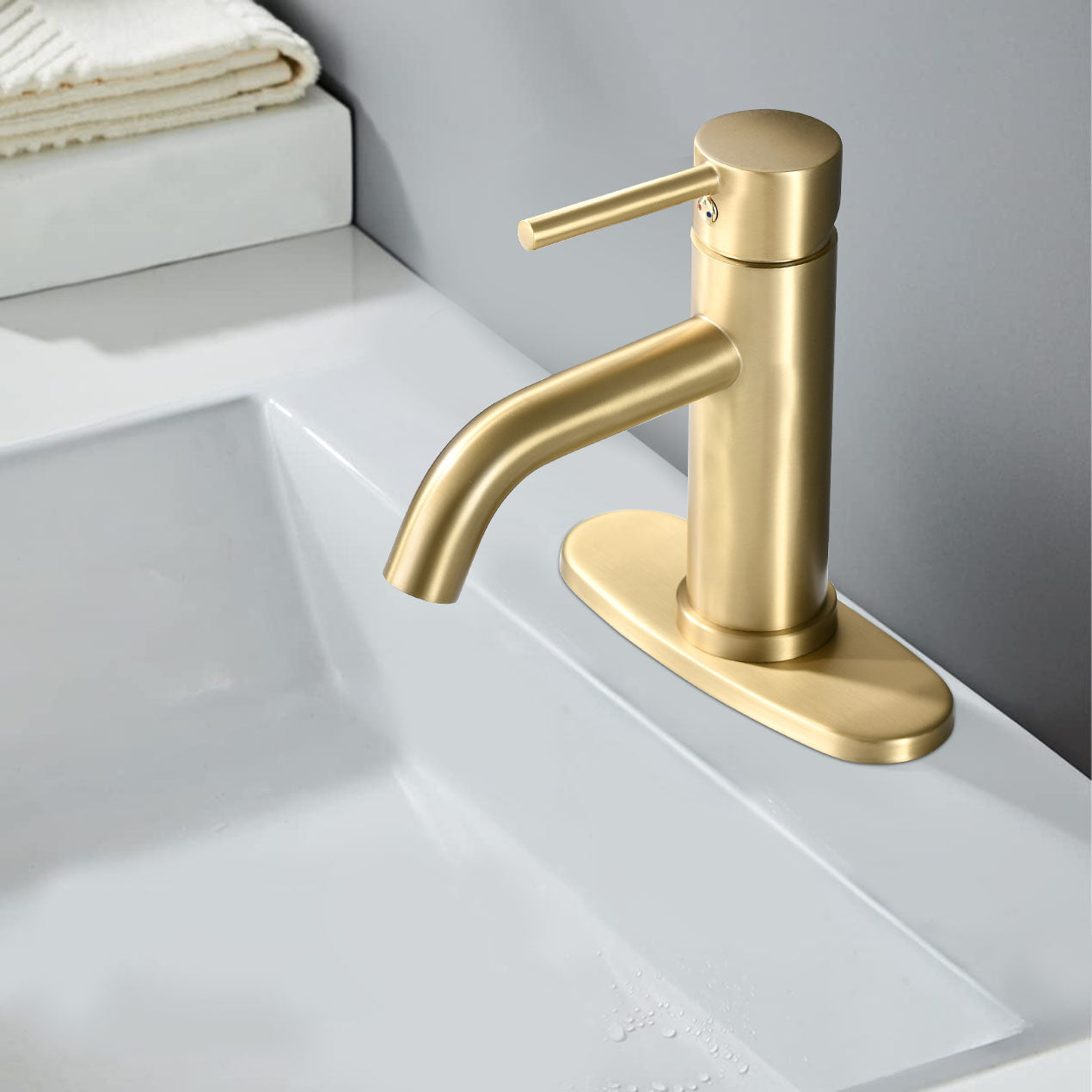 Universal 1 & 3-Hole Bathroom Faucet, ADA Compliant with 6.57" High Waterfall Spout in Brushed Gold Stainless Steel