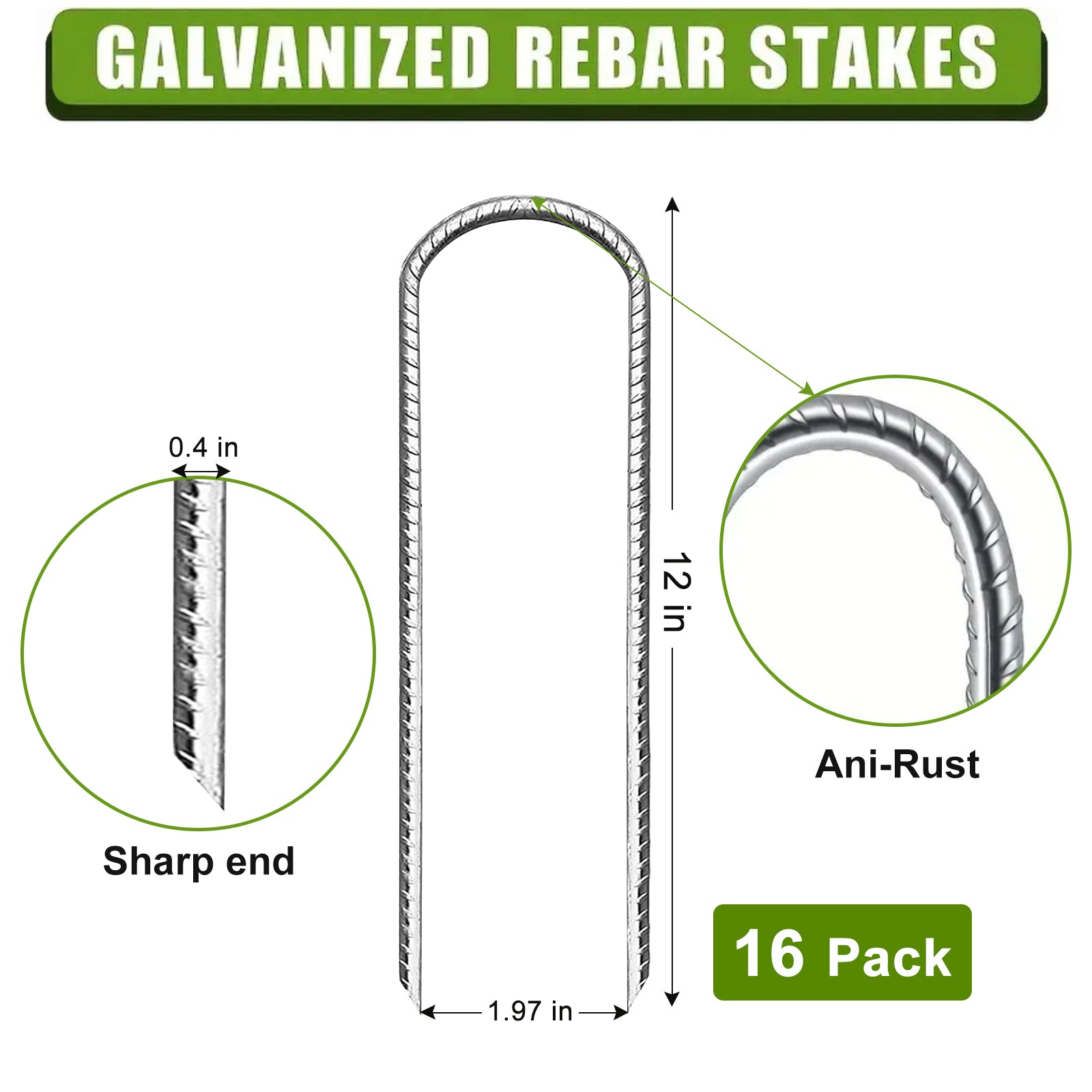 U-Shaped 0.4 in. x 12 in. Silver Steel Rebar Staples (16 Pack) - Heavy Duty Landscaping Pins for Securing Fabric, Netting & Fencing