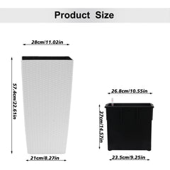 Indoor/Outdoor Modern Faux Rattan Design Square Planter, 22.6 inch White Plastic Large Planter with Automatic Watering System for Home and Garden (White, 22.6 inch - 2 Pack)