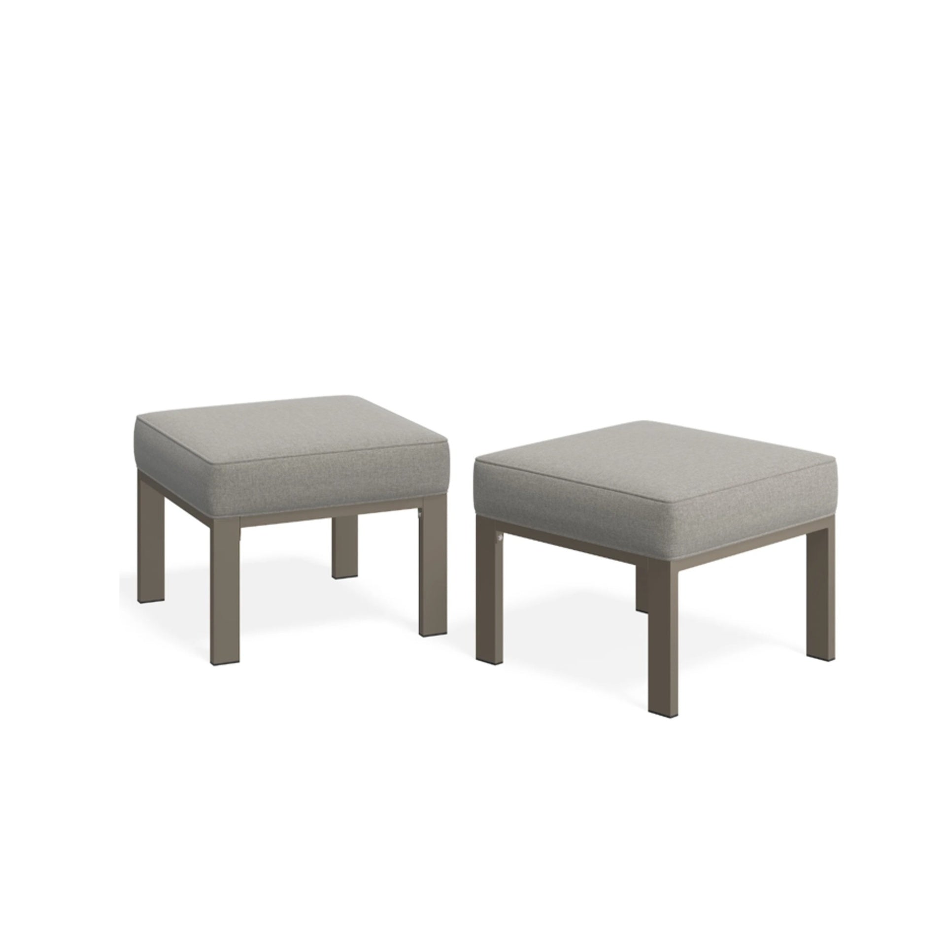 Set of 2,  22” All-Weather Metal Patio Ottomans Thick Beige Cushions & Khaki Frame