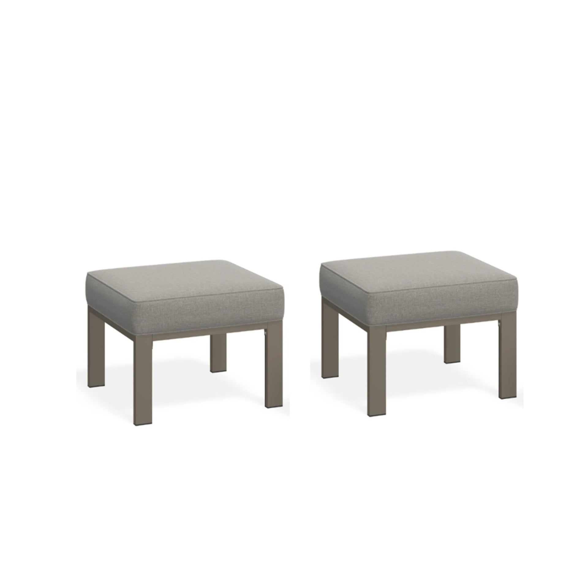 Set of 2,  22” All-Weather Metal Patio Ottomans Thick Beige Cushions & Khaki Frame