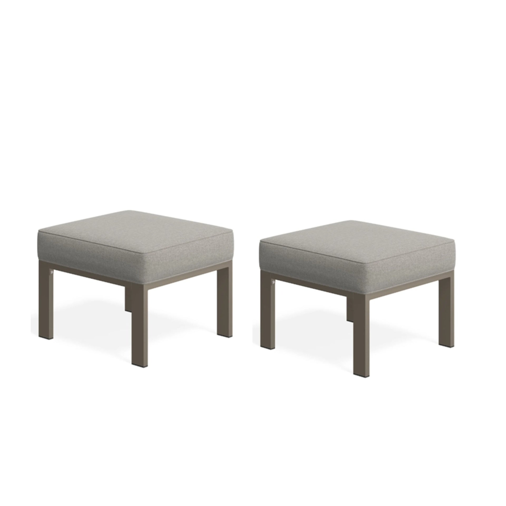 Set of 2,  22” All-Weather Metal Patio Ottomans Thick Beige Cushions & Khaki Frame