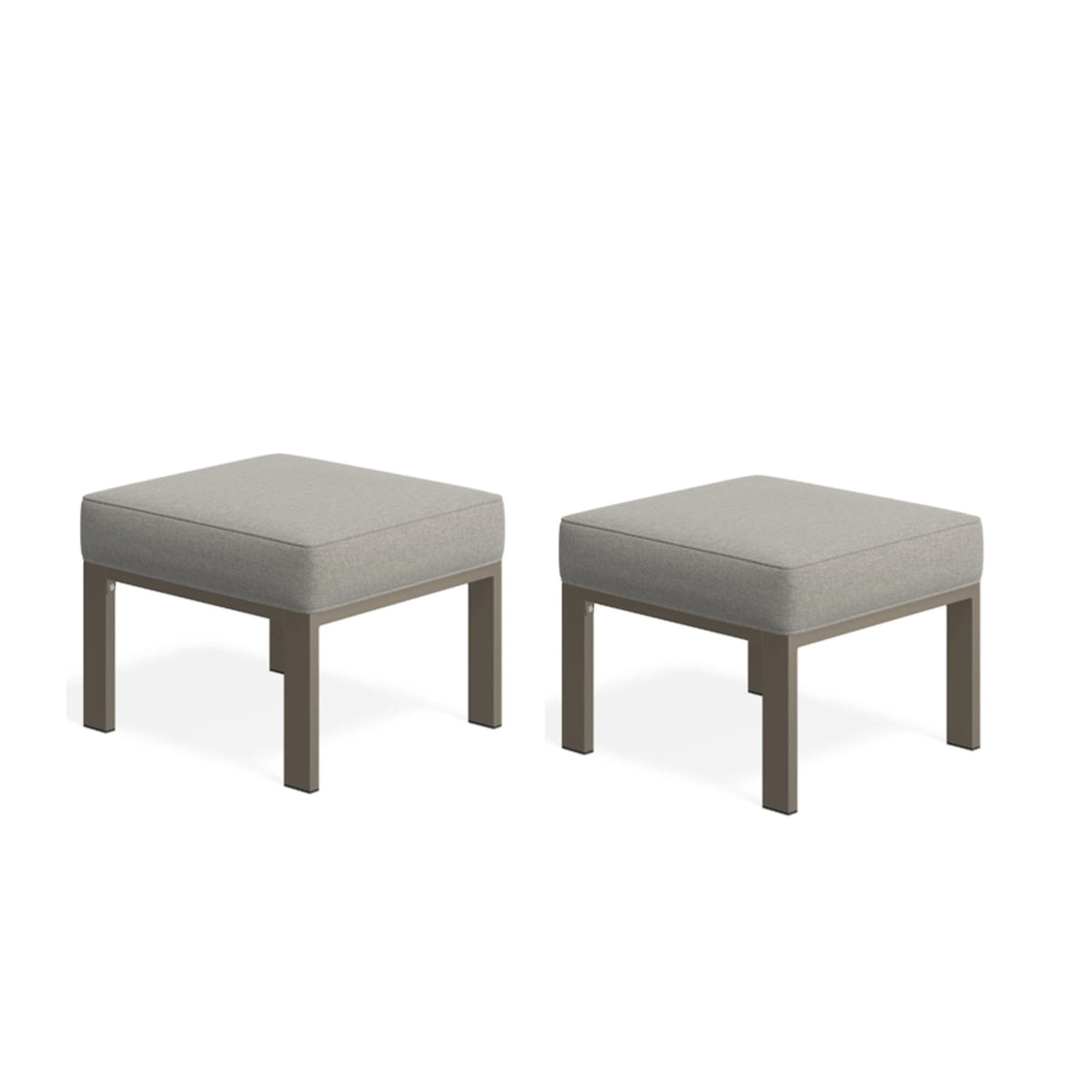 Set of 2,  22” All-Weather Metal Patio Ottomans Thick Beige Cushions & Khaki Frame