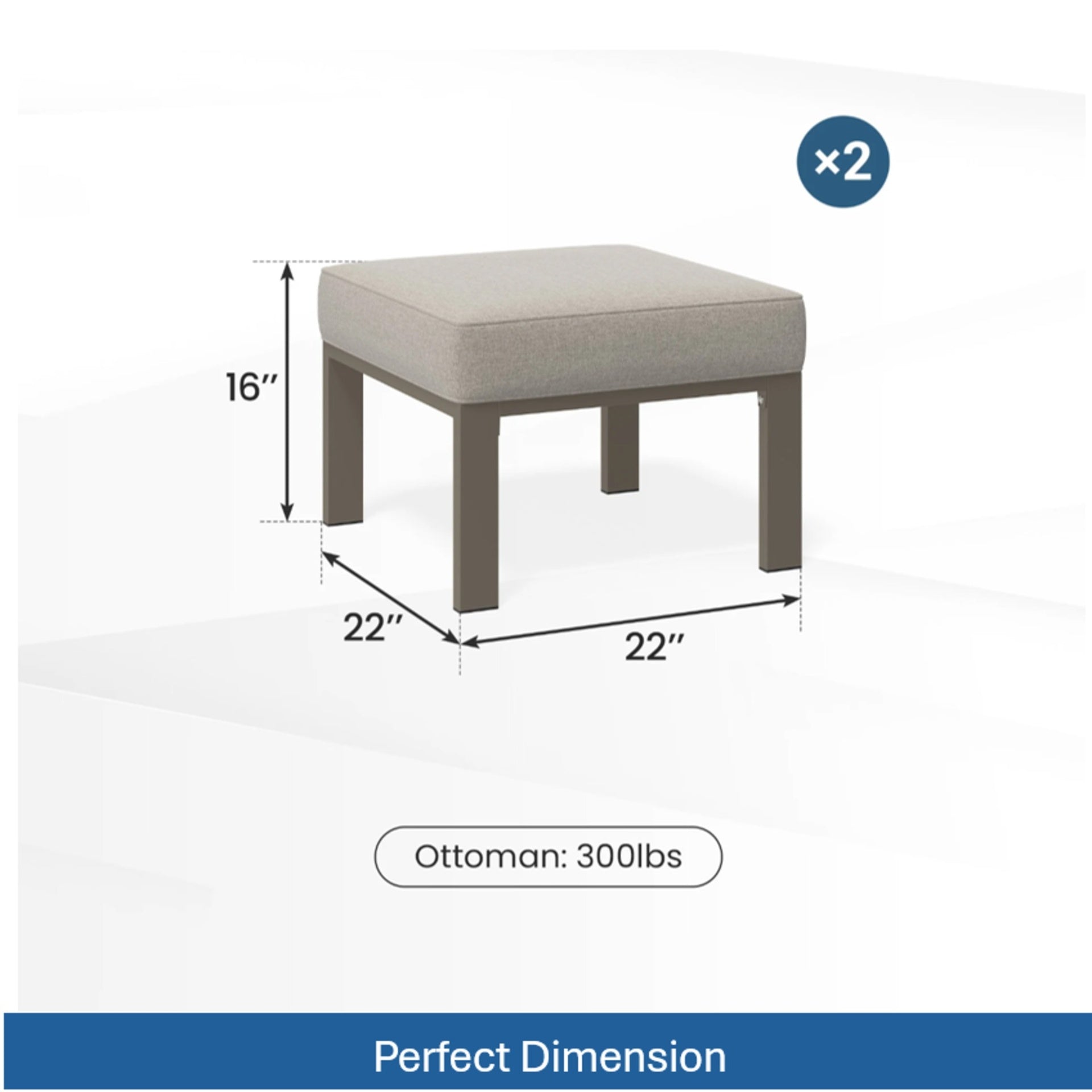 Set of 2,  22” All-Weather Metal Patio Ottomans Thick Beige Cushions & Khaki Frame