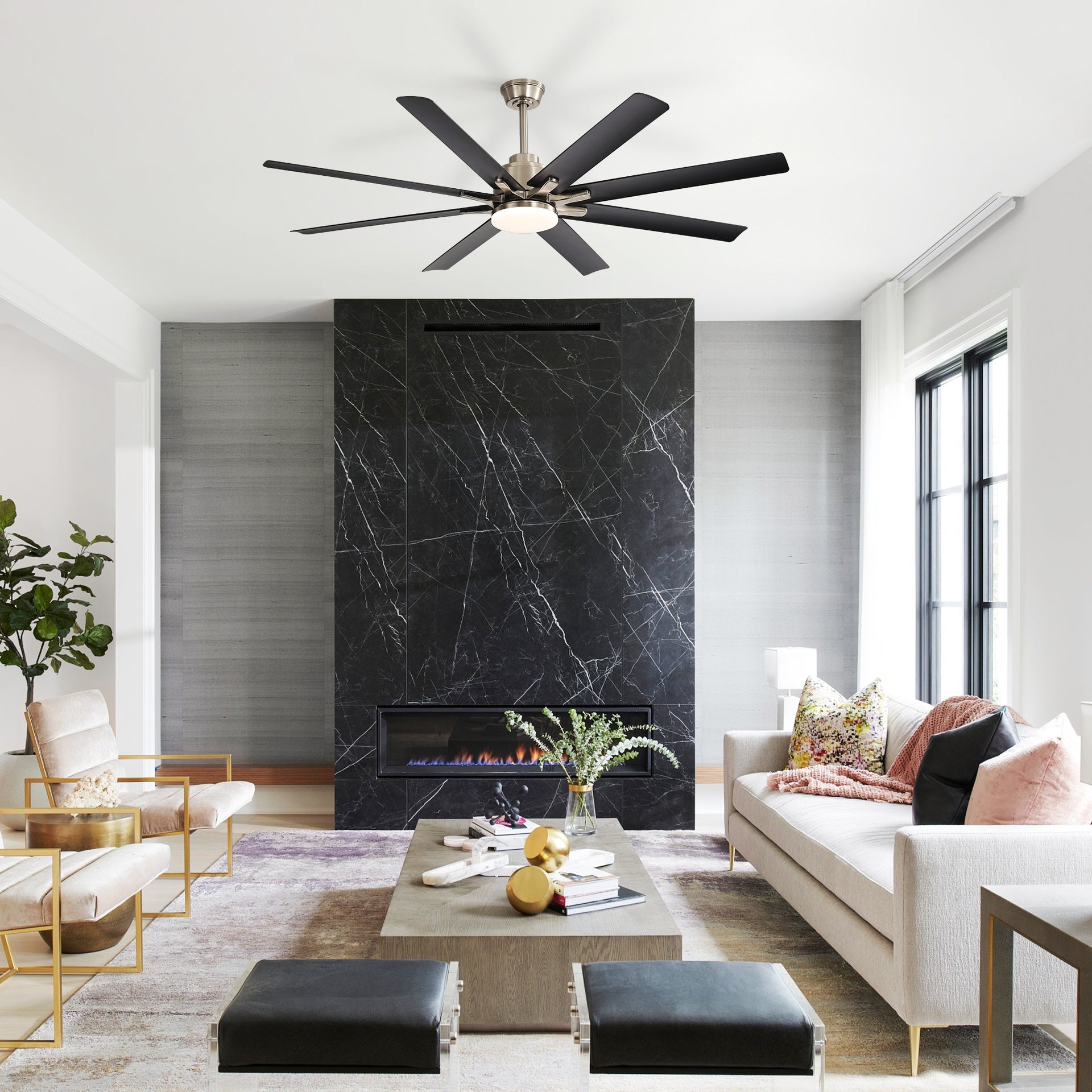 52-Inch Smart Ceiling Fan With Lights,6 Wind Speed,With 8 Black ABS Blades,Voice Remote,Fan For Bedroom,Living Room,Patio,Kitchen,etc