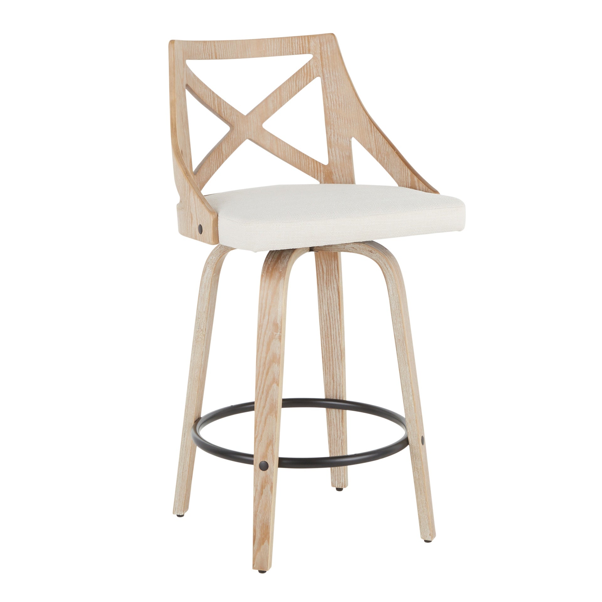 Charlotte 26" Farmhouse Fixed Height Counter Stool with Swivel in White Washed Wood and Cream Fabric by LumiSource - Set of 2