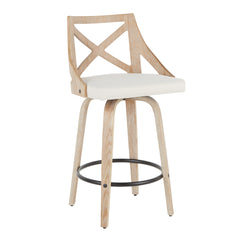 Charlotte 26" Farmhouse Fixed Height Counter Stool with Swivel in White Washed Wood and Cream Fabric by LumiSource - Set of 2