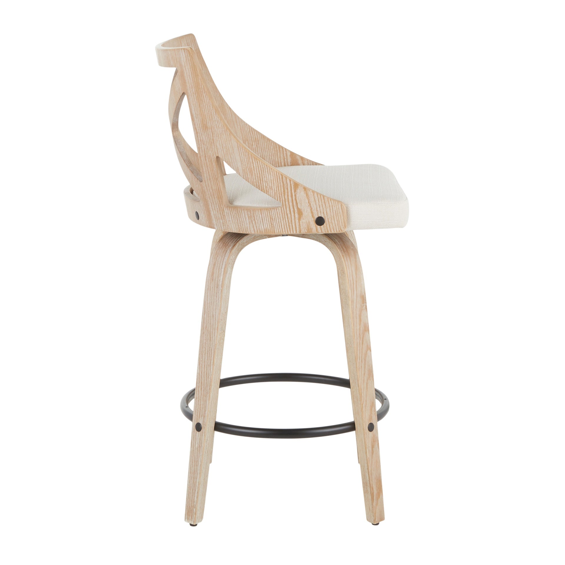 Charlotte 26" Farmhouse Fixed Height Counter Stool with Swivel in White Washed Wood and Cream Fabric by LumiSource - Set of 2