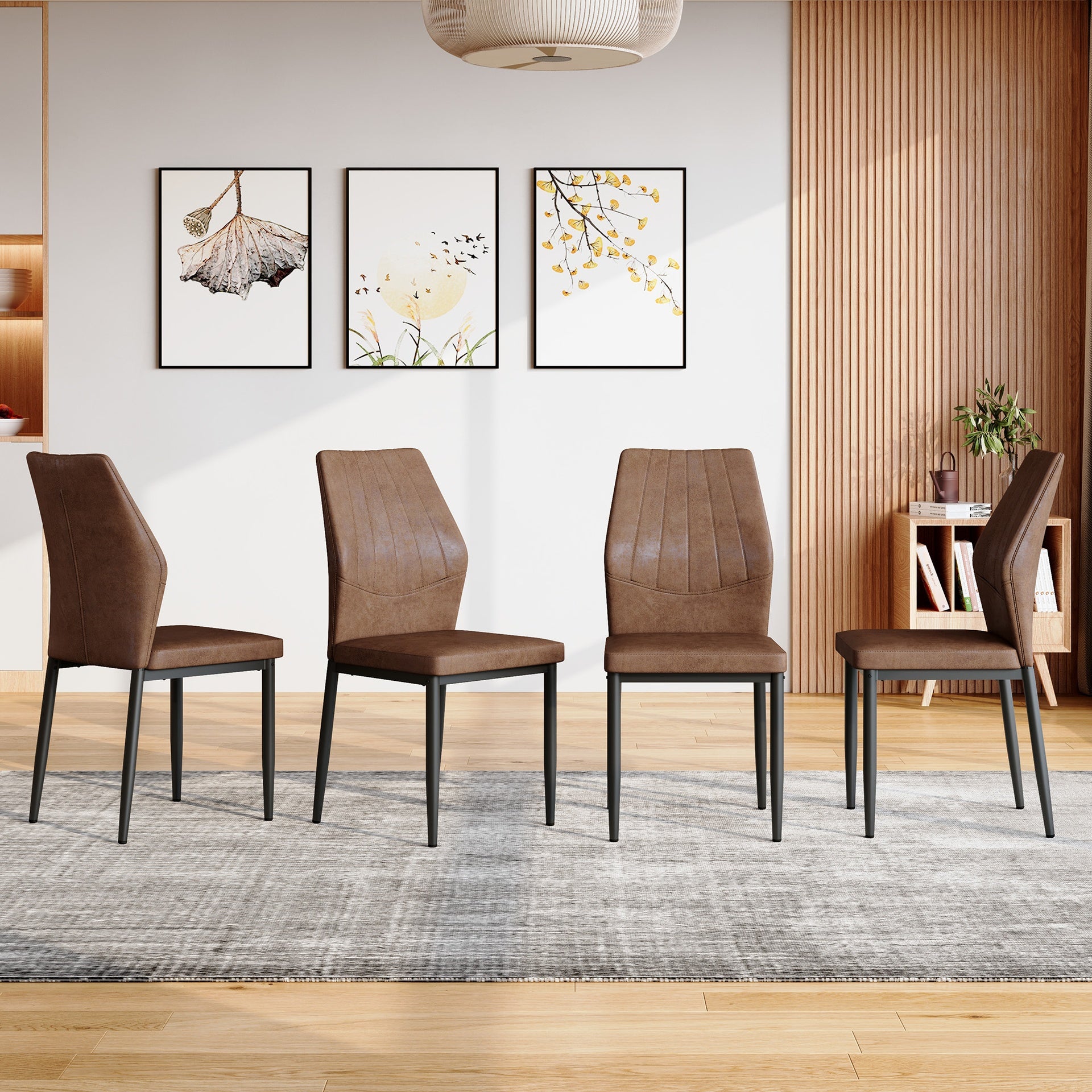 Set of 4 Brown - and - Black Dining Chairs with Shell - pattern, 37 inches High: Ergonomic Tech Fabric Backrest, Combines Comfort and Style