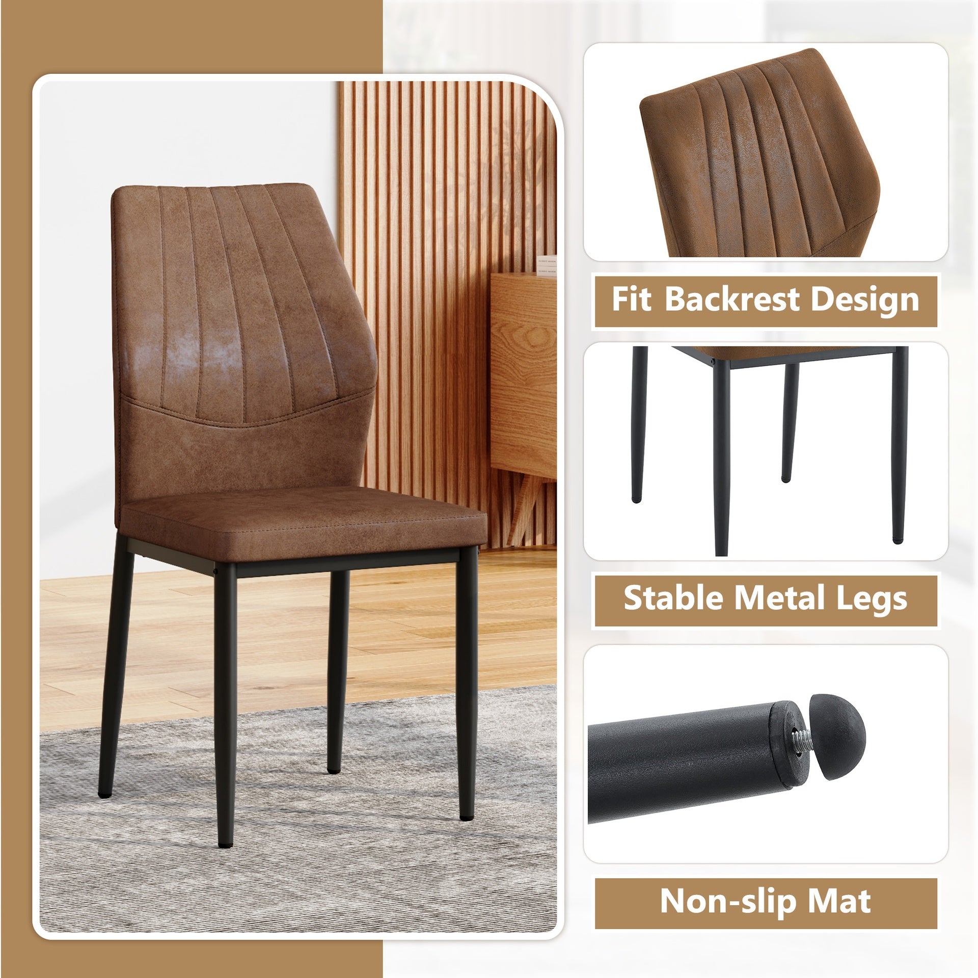 Set of 4 Brown - and - Black Dining Chairs with Shell - pattern, 37 inches High: Ergonomic Tech Fabric Backrest, Combines Comfort and Style