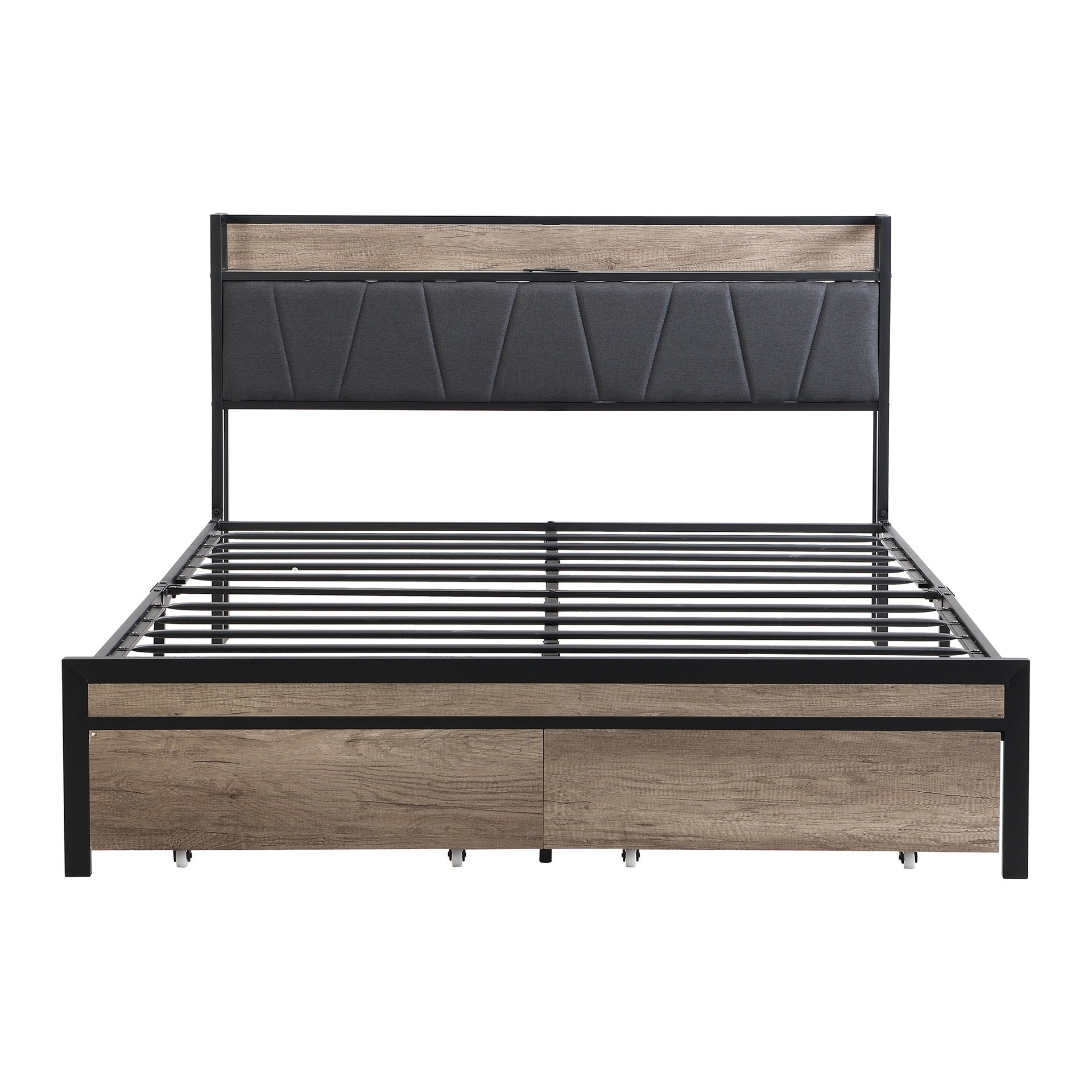 FULL Size  Metal Platform Bed Frame with upholstery storage function Headboard   and USB LINER  and Footboard with drawers , No Box Spring Needed, Large Under Bed Storage, Easy Assemble