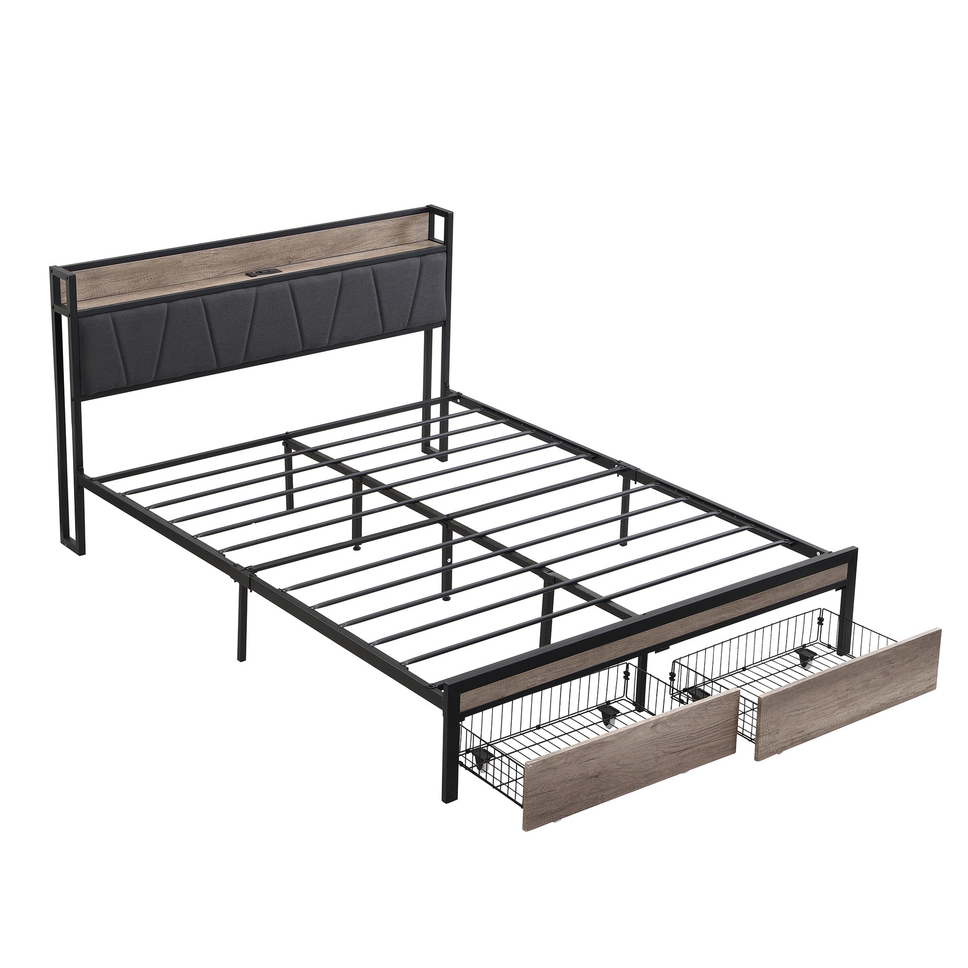 FULL Size  Metal Platform Bed Frame with upholstery storage function Headboard   and USB LINER  and Footboard with drawers , No Box Spring Needed, Large Under Bed Storage, Easy Assemble