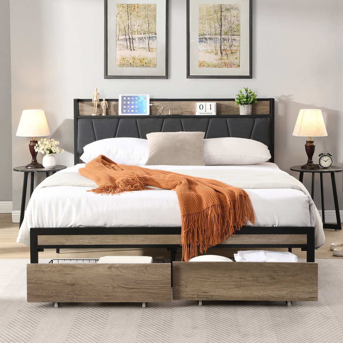 FULL Size  Metal Platform Bed Frame with upholstery storage function Headboard   and USB LINER  and Footboard with drawers , No Box Spring Needed, Large Under Bed Storage, Easy Assemble