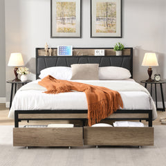 FULL Size  Metal Platform Bed Frame with upholstery storage function Headboard   and USB LINER  and Footboard with drawers , No Box Spring Needed, Large Under Bed Storage, Easy Assemble
