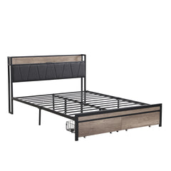 FULL Size  Metal Platform Bed Frame with upholstery storage function Headboard   and USB LINER  and Footboard with drawers , No Box Spring Needed, Large Under Bed Storage, Easy Assemble
