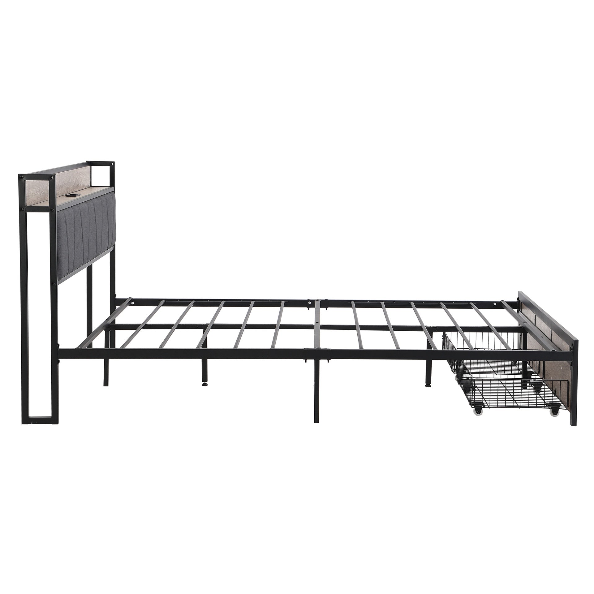 FULL Size  Metal Platform Bed Frame with upholstery storage function Headboard   and USB LINER  and Footboard with drawers , No Box Spring Needed, Large Under Bed Storage, Easy Assemble