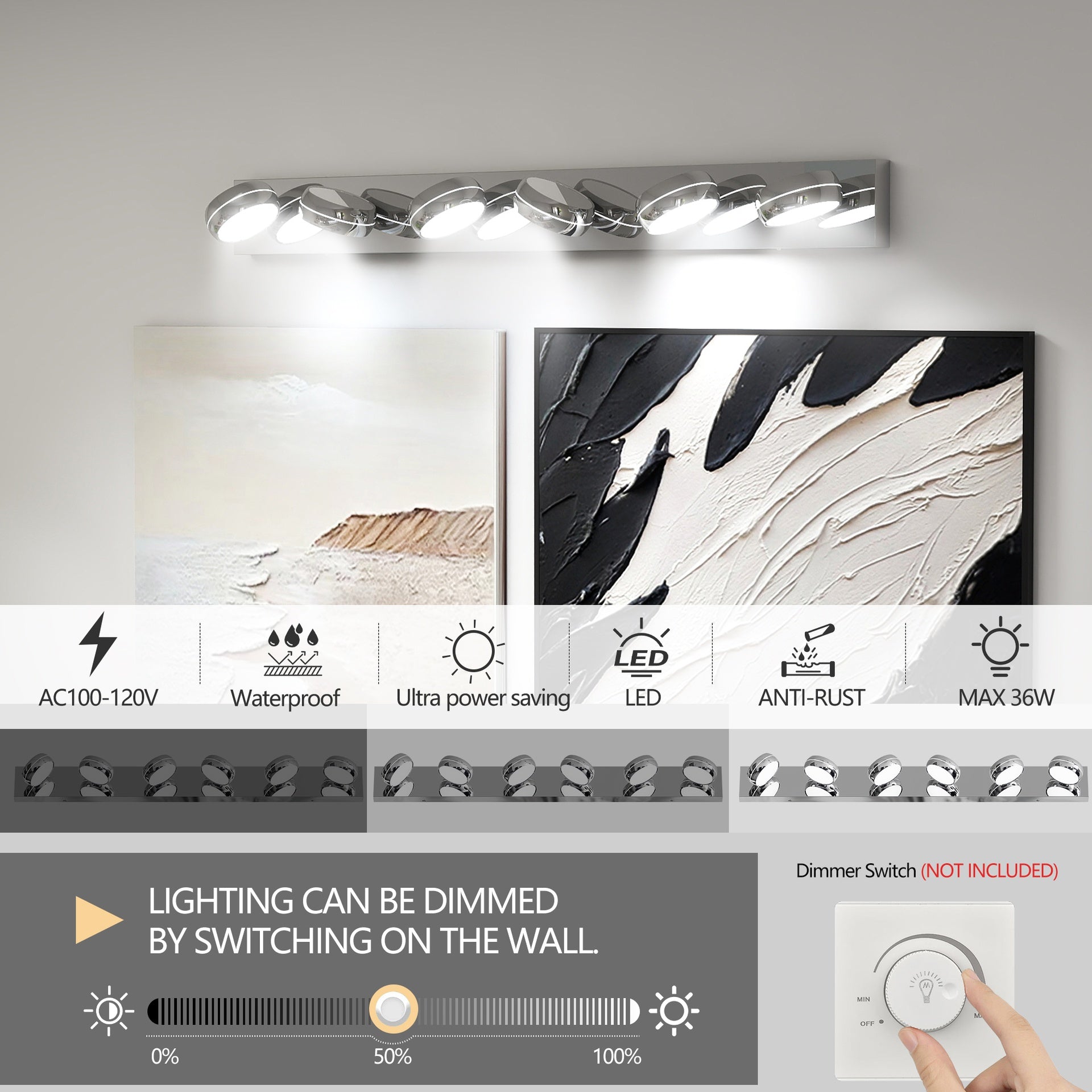 LED Vanity Lights 43in Bathroom Lights Fixtures over Mirror 6 Light LED Lighting Fixture for Bathroom 18W Mirror Lighting Fixture Modern Bath Light Bar Chrome Bath