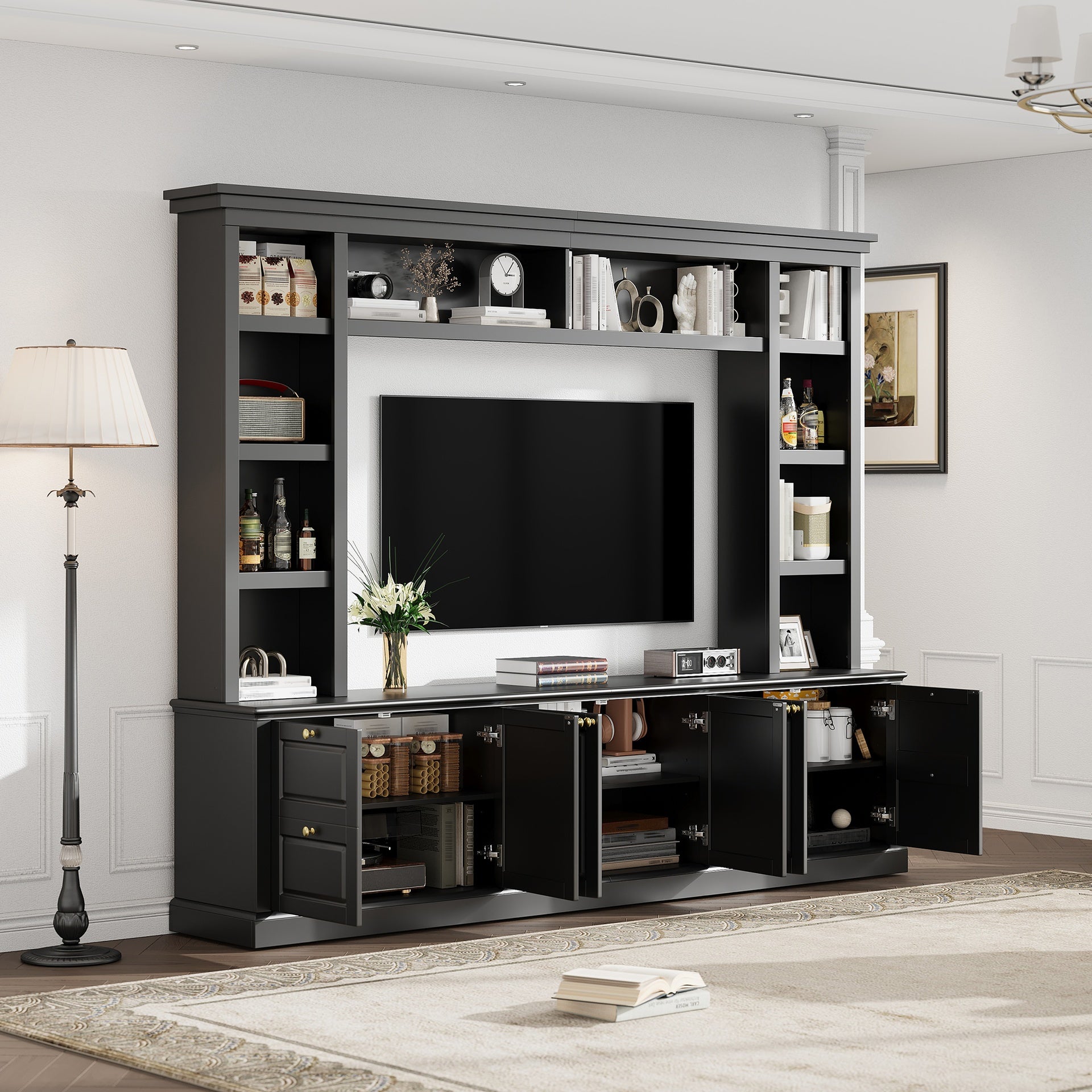 All-in-One Modern TV Stand with Bookcase for TVs up to 70 inch, Entertainment Center with 3 Adjustable Shelves, for Living Room, Display Storage Cabinet, Ample Storage Space TV Stand