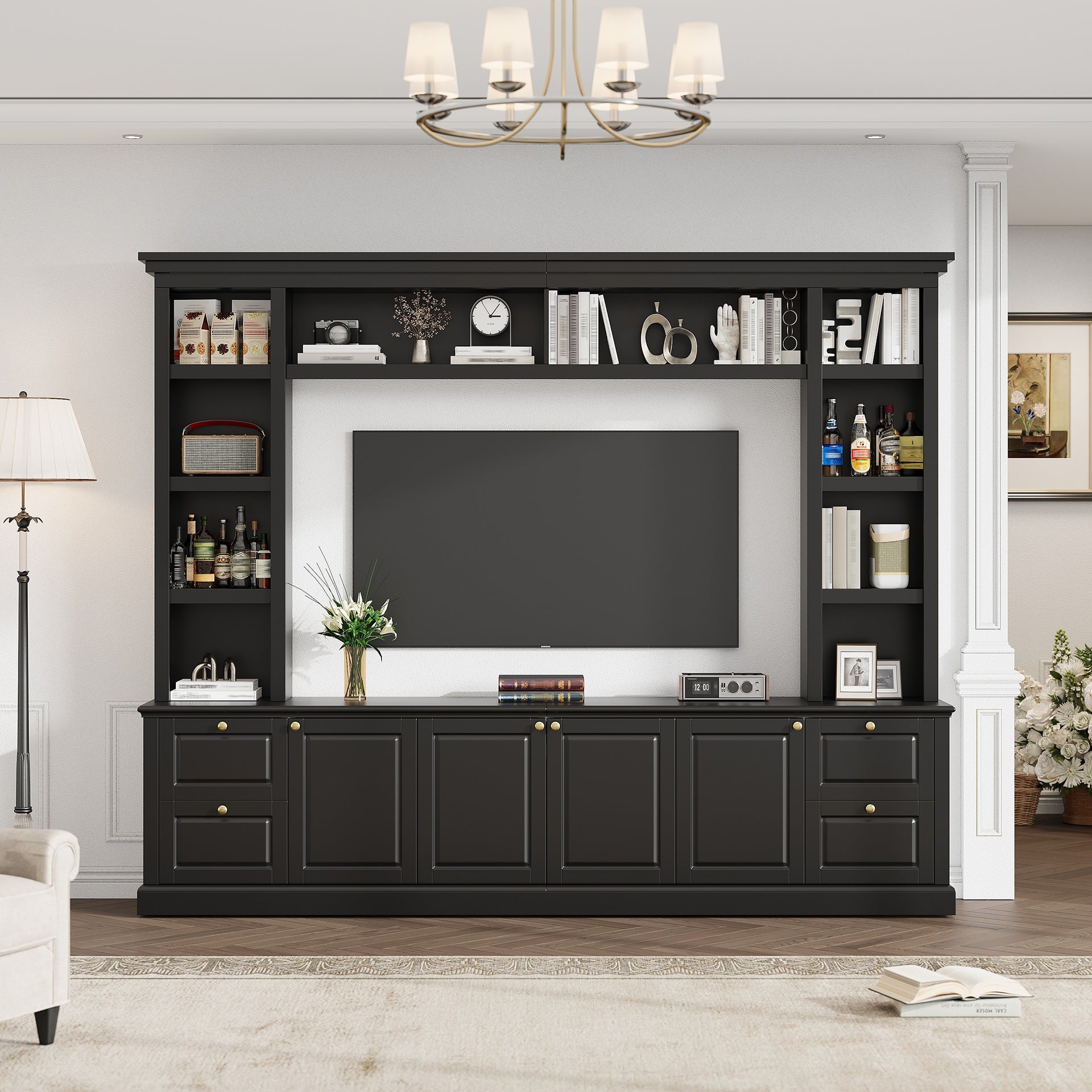 All-in-One Modern TV Stand with Bookcase for TVs up to 70 inch, Entertainment Center with 3 Adjustable Shelves, for Living Room, Display Storage Cabinet, Ample Storage Space TV Stand