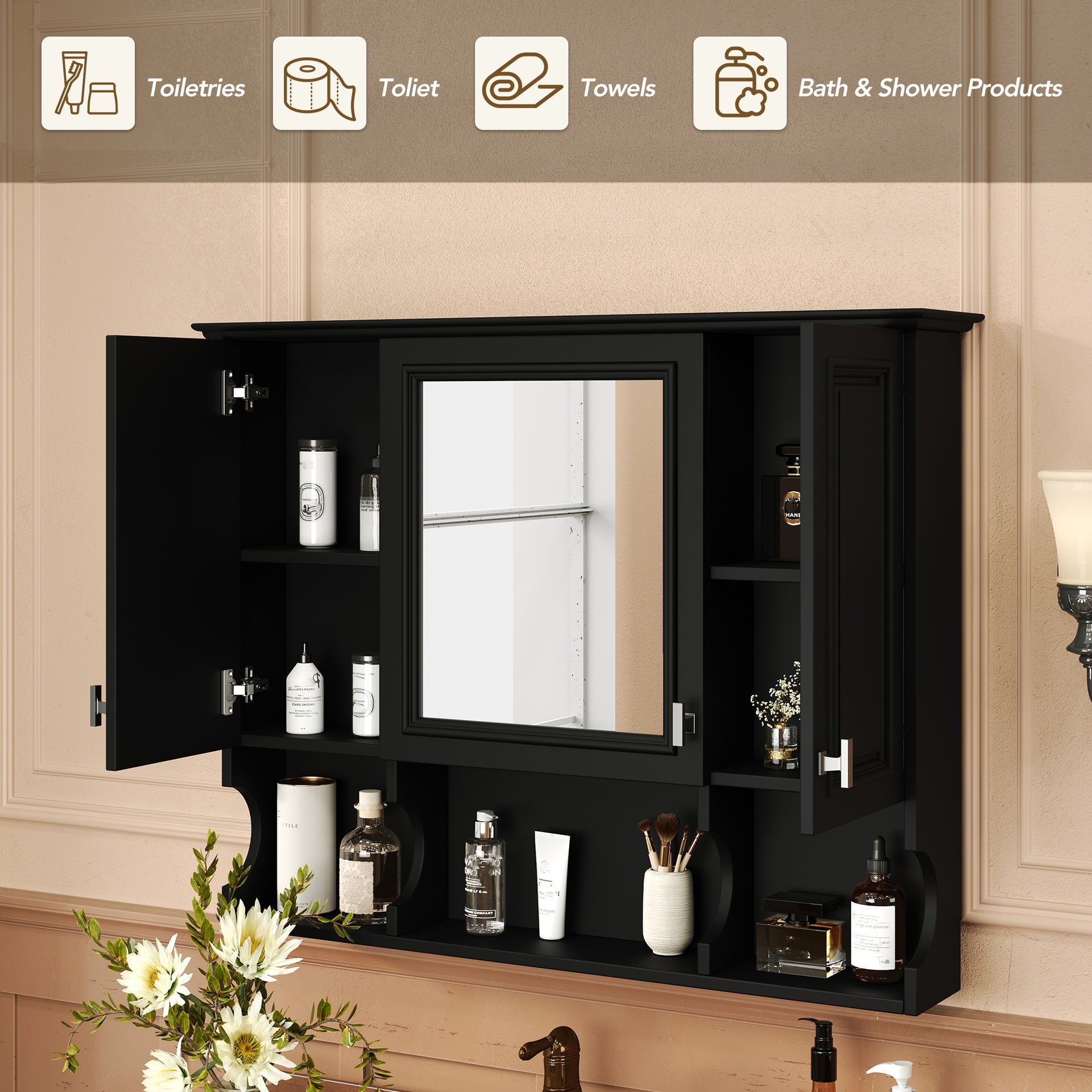 35'' x 28'' Wall Mounted Bathroom Medicine Cabinet, Modern Bathroom Wall Cabinet with Mirror,  Mirror Cabinet with Open Shelves