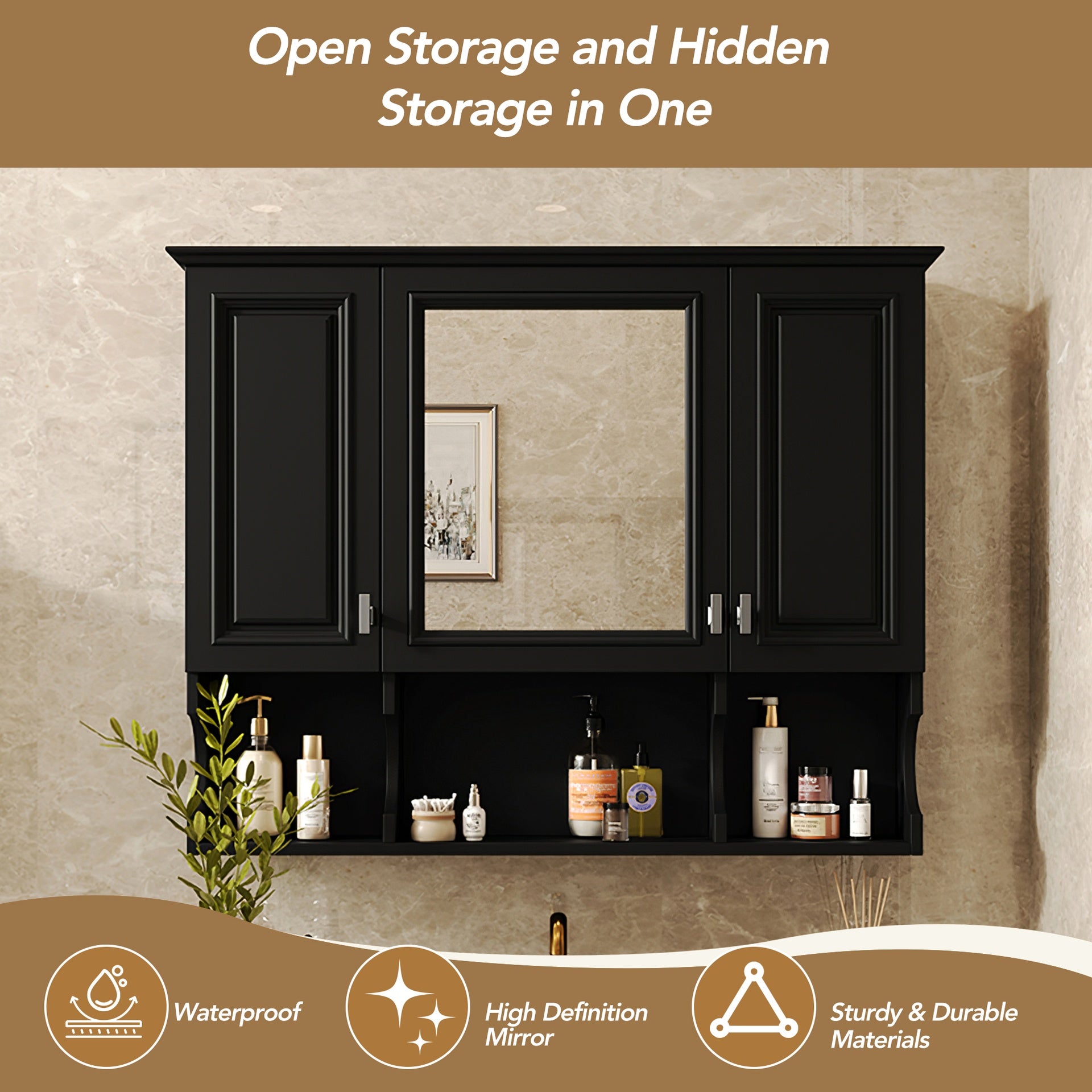 35'' x 28'' Wall Mounted Bathroom Medicine Cabinet, Modern Bathroom Wall Cabinet with Mirror,  Mirror Cabinet with Open Shelves