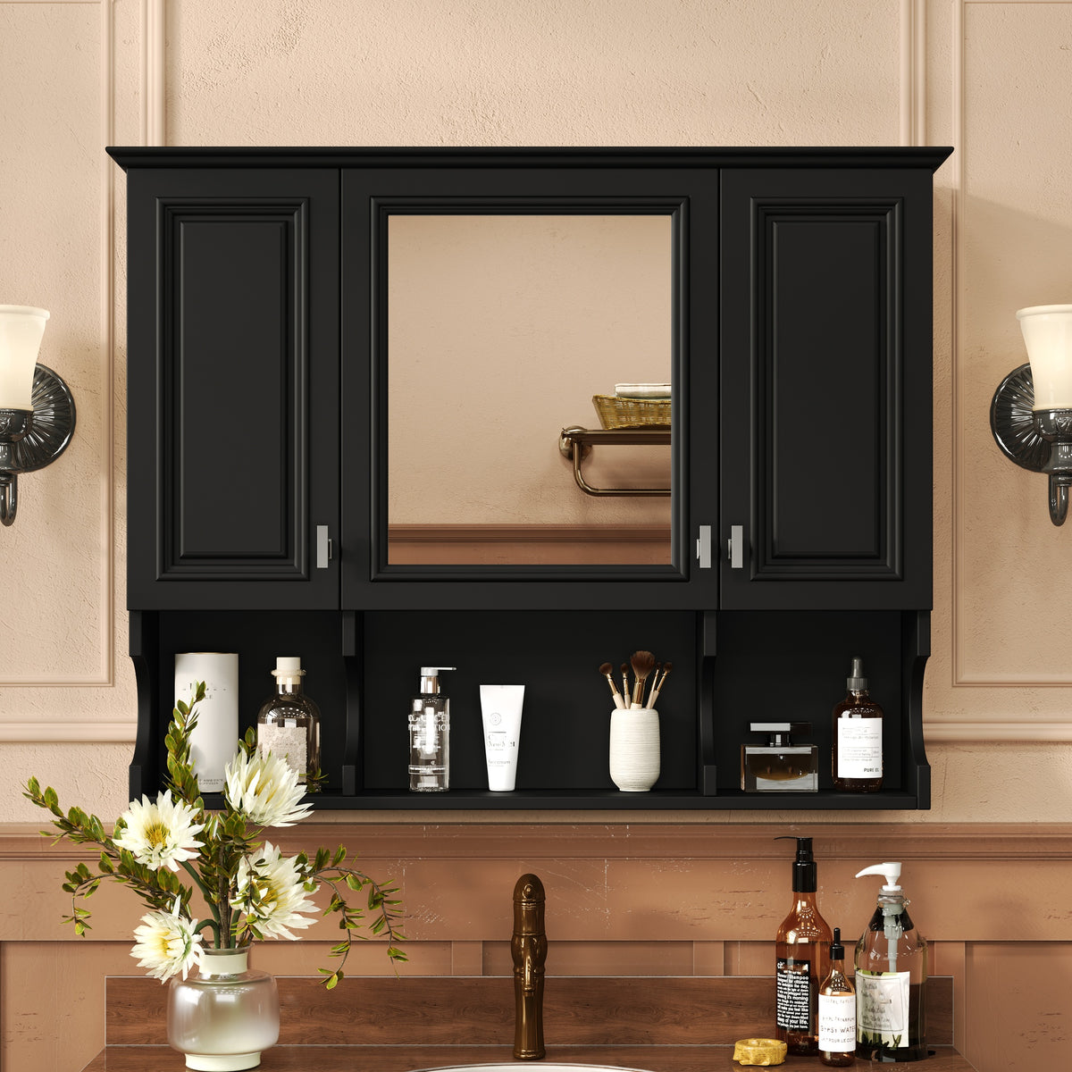 35'' x 28'' Wall Mounted Bathroom Medicine Cabinet, Modern Bathroom Wall Cabinet with Mirror,  Mirror Cabinet with Open Shelves