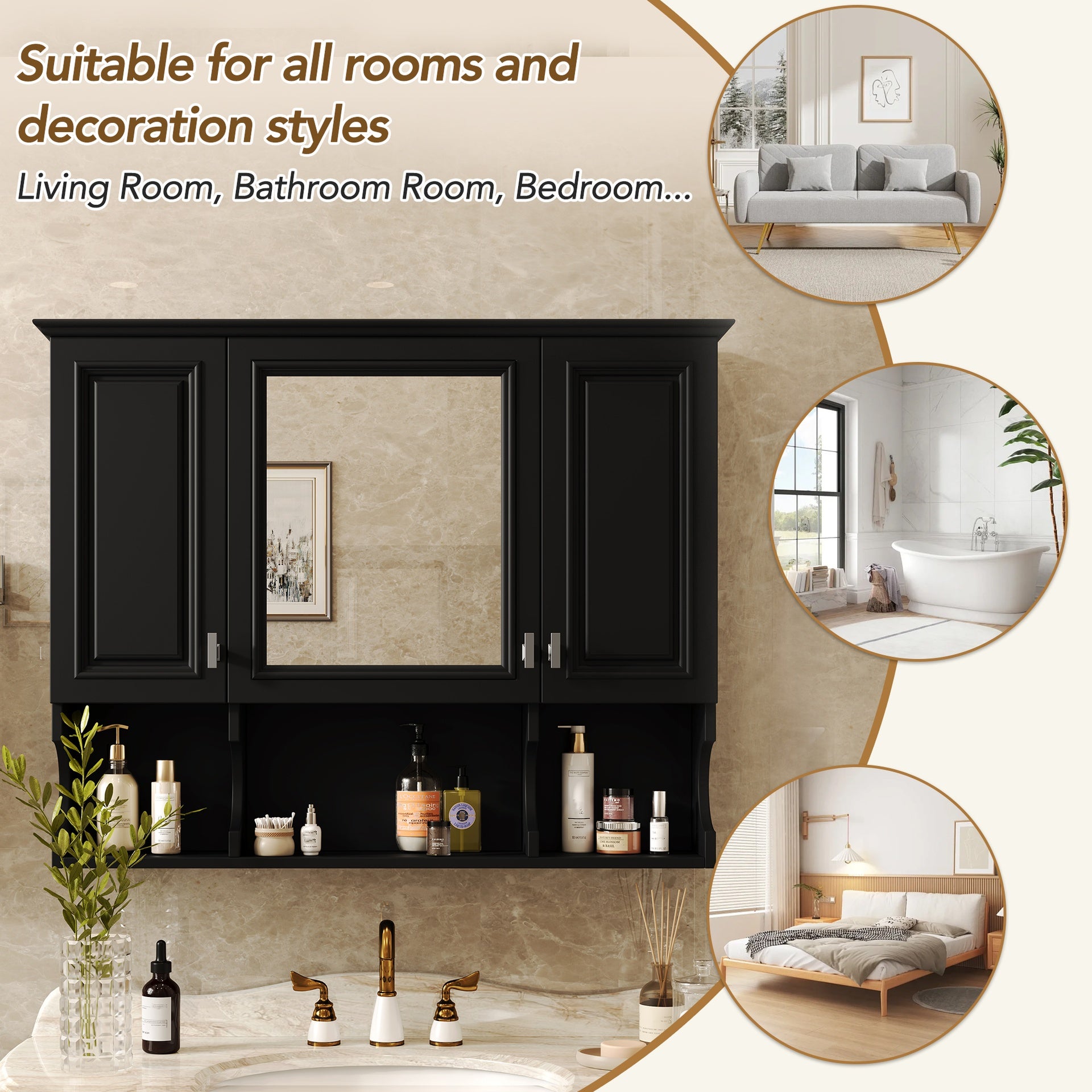 35'' x 28'' Wall Mounted Bathroom Medicine Cabinet, Modern Bathroom Wall Cabinet with Mirror,  Mirror Cabinet with Open Shelves